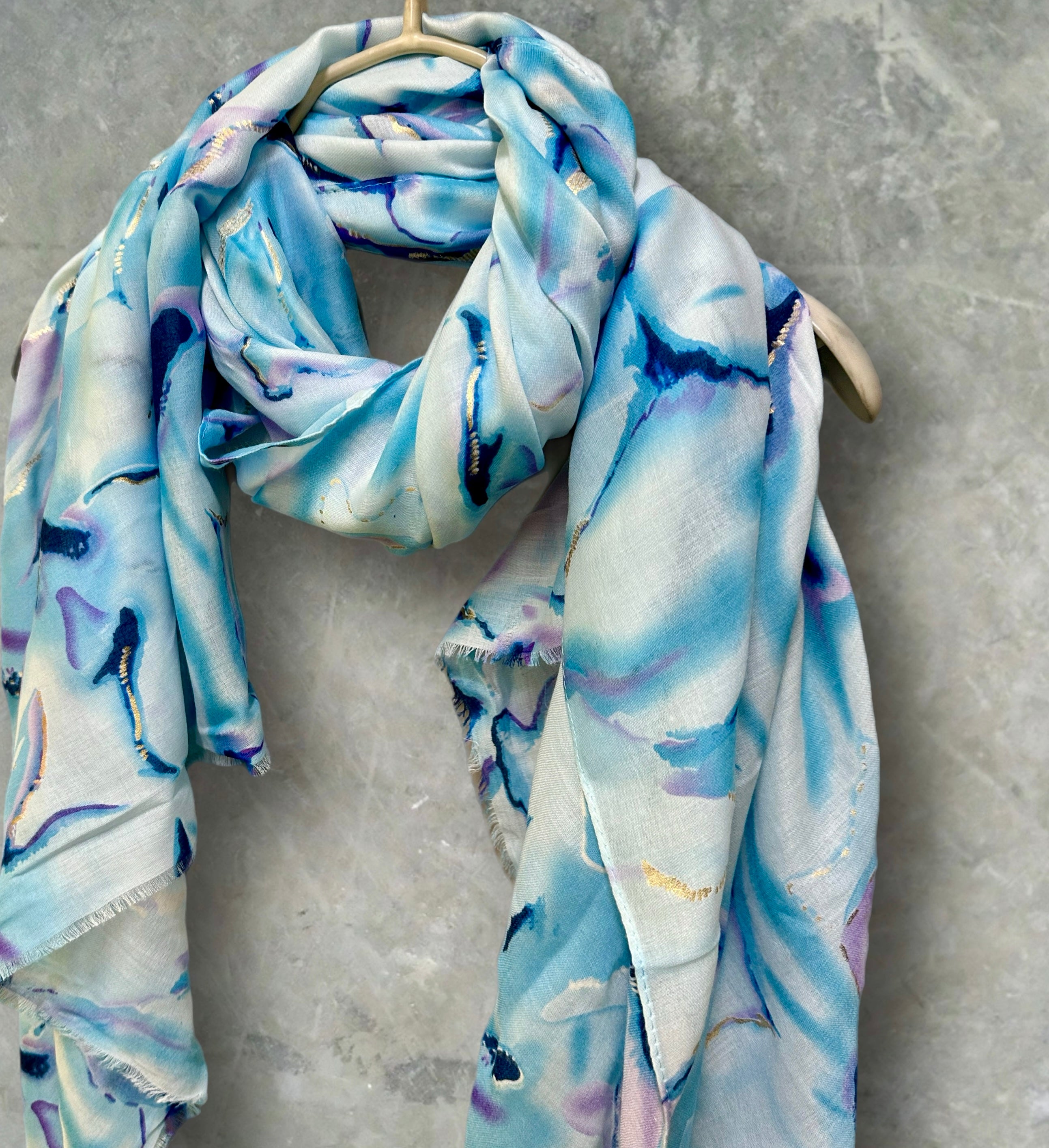 Blue Cotton Scarf for Women with Abstract Paint Splashes and Gold Accents