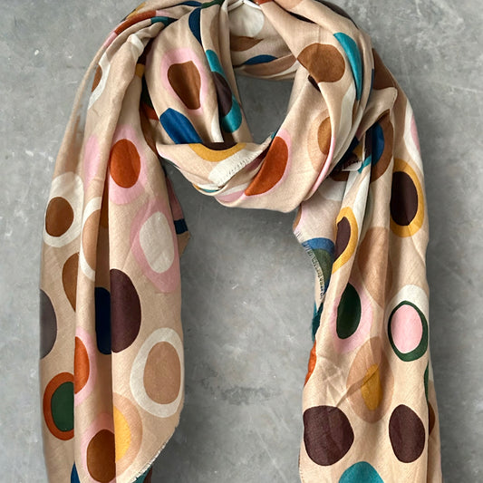 Multicolour Circle Pattern Beige Cotton Scarf,Women Scarf,Autumn Winter Scarf,Gifts for Her,Mom,Gifts for Birthday,Christmas