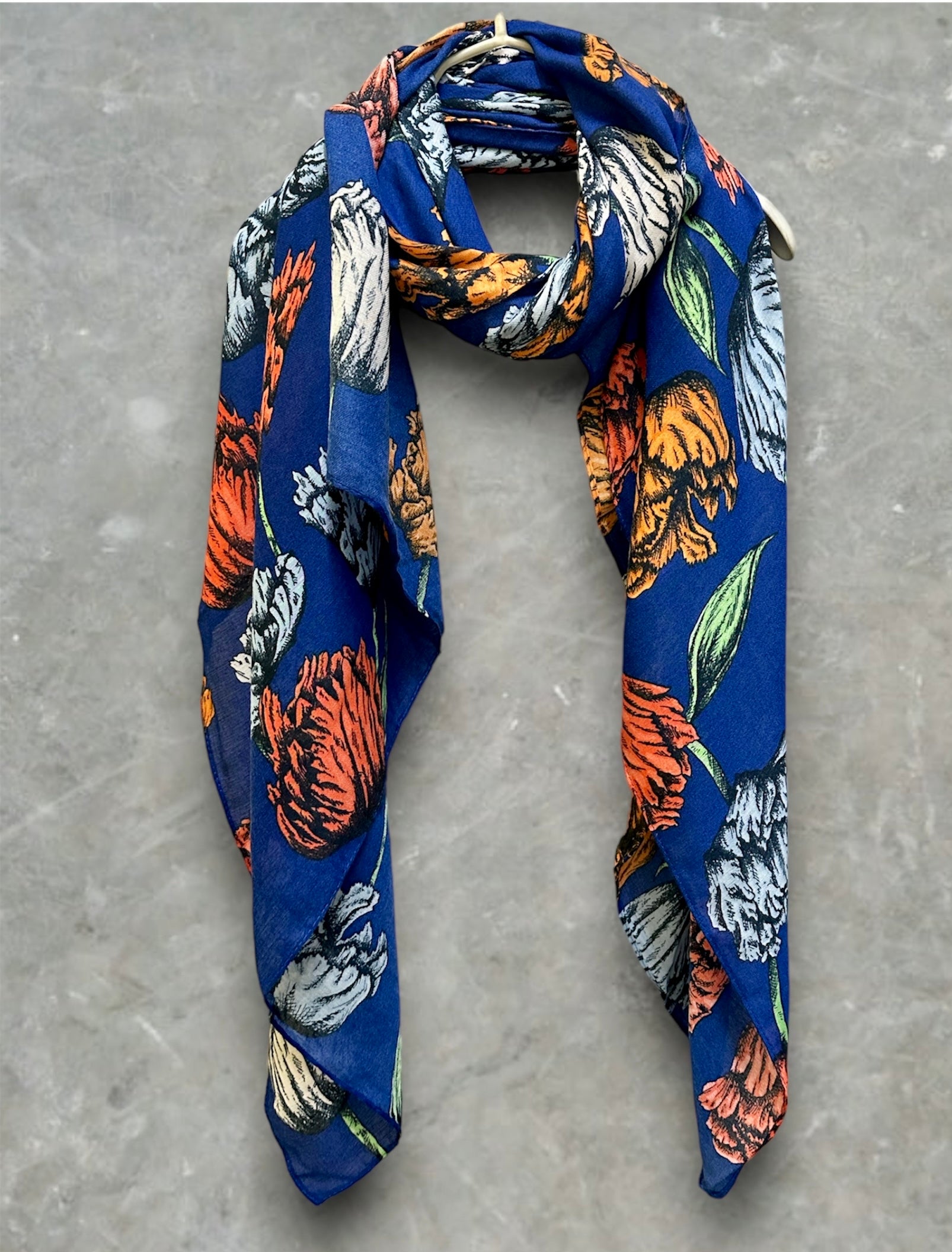 Blue Cotton Scarf with Eco-Friendly Sketched Parrot Tulips Flower Design