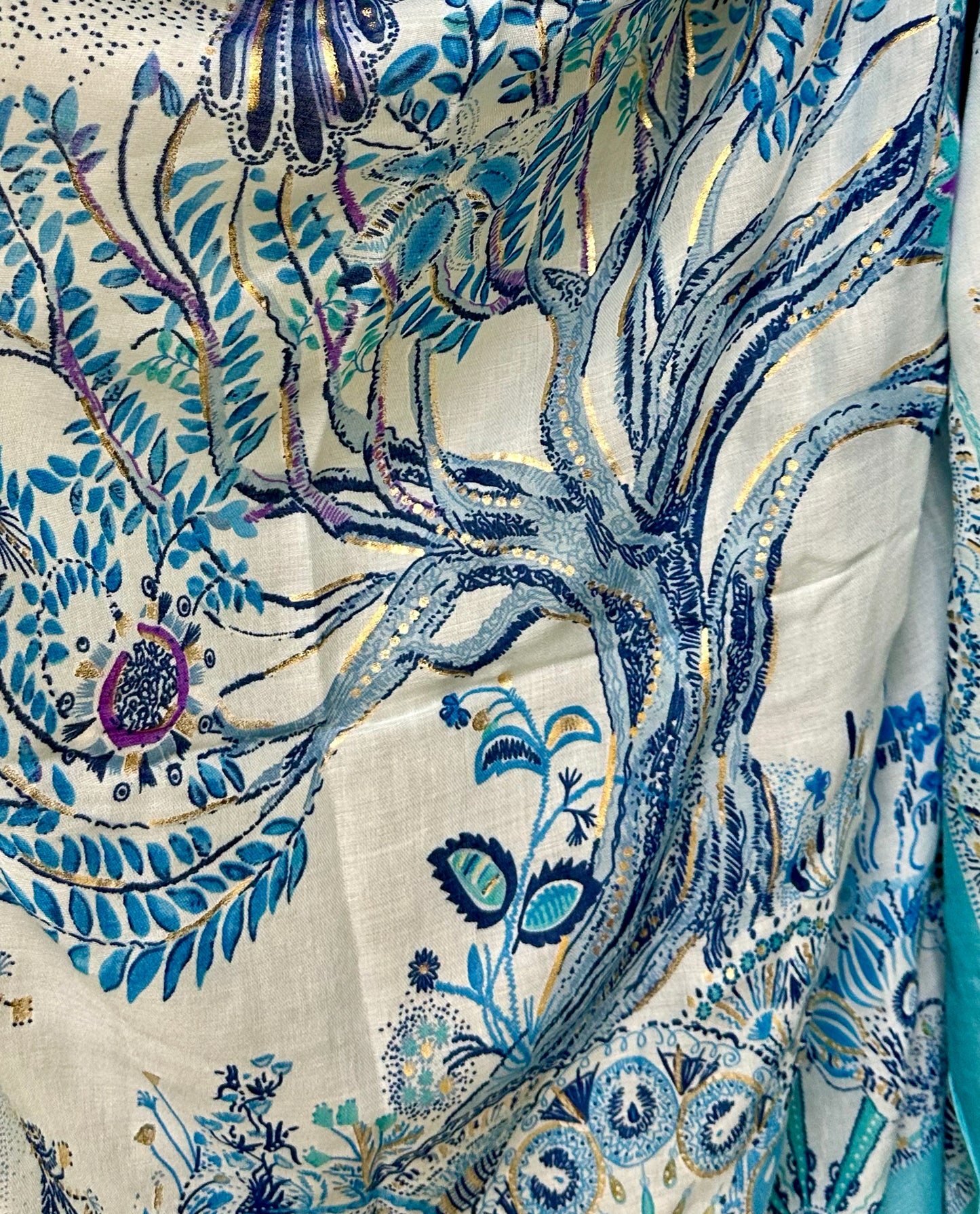 Sky Blue Sketch Tree Scarf with Blue Trim,Perfect for Women,All Seasons,Ideal Gifts for Her,Mom, Birthday and Christmas.