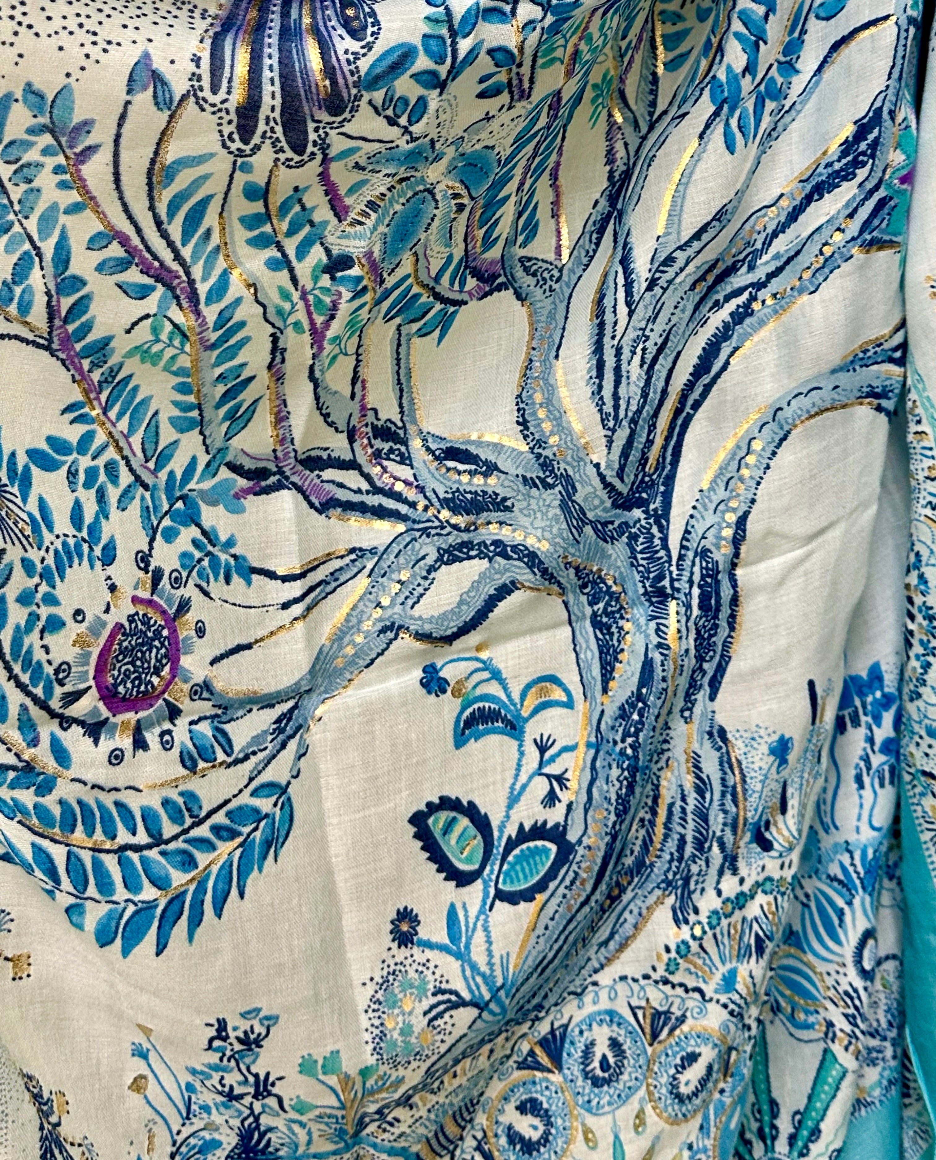 Sky Blue Sketch Tree Scarf with Blue Trim