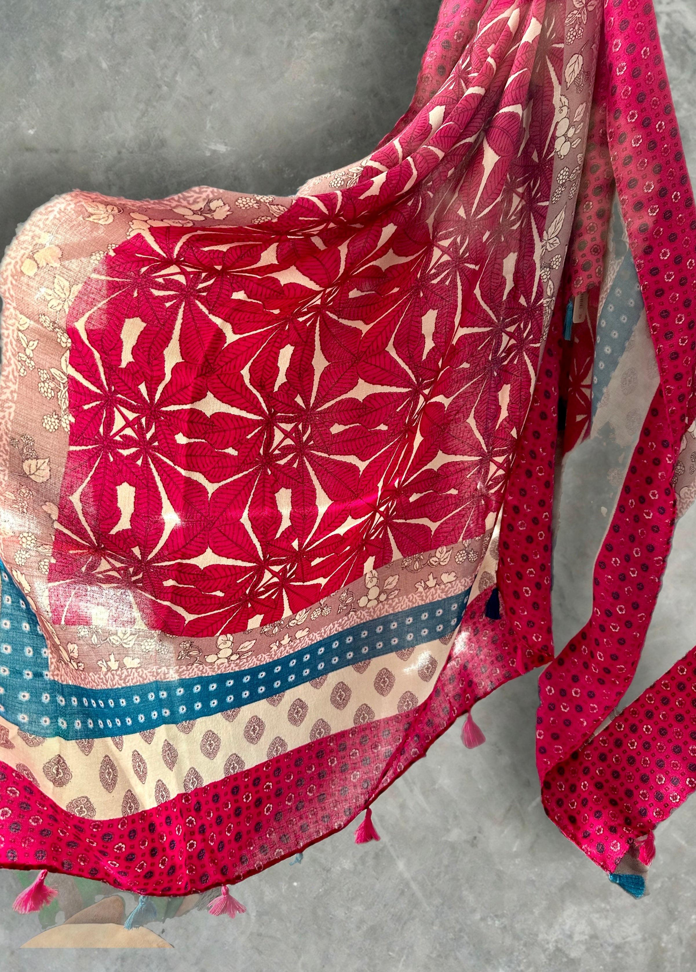 Bohemian Flowers Pattern with Tassels Fuchsia Pink Cotton Scarf