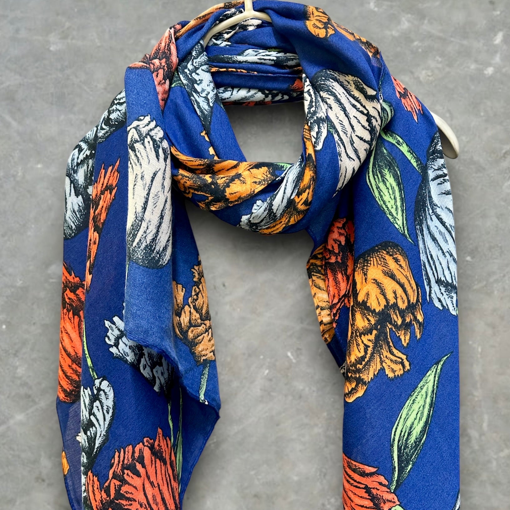 Blue Cotton Scarf with Eco-Friendly Sketched Parrot Tulips Flower Design