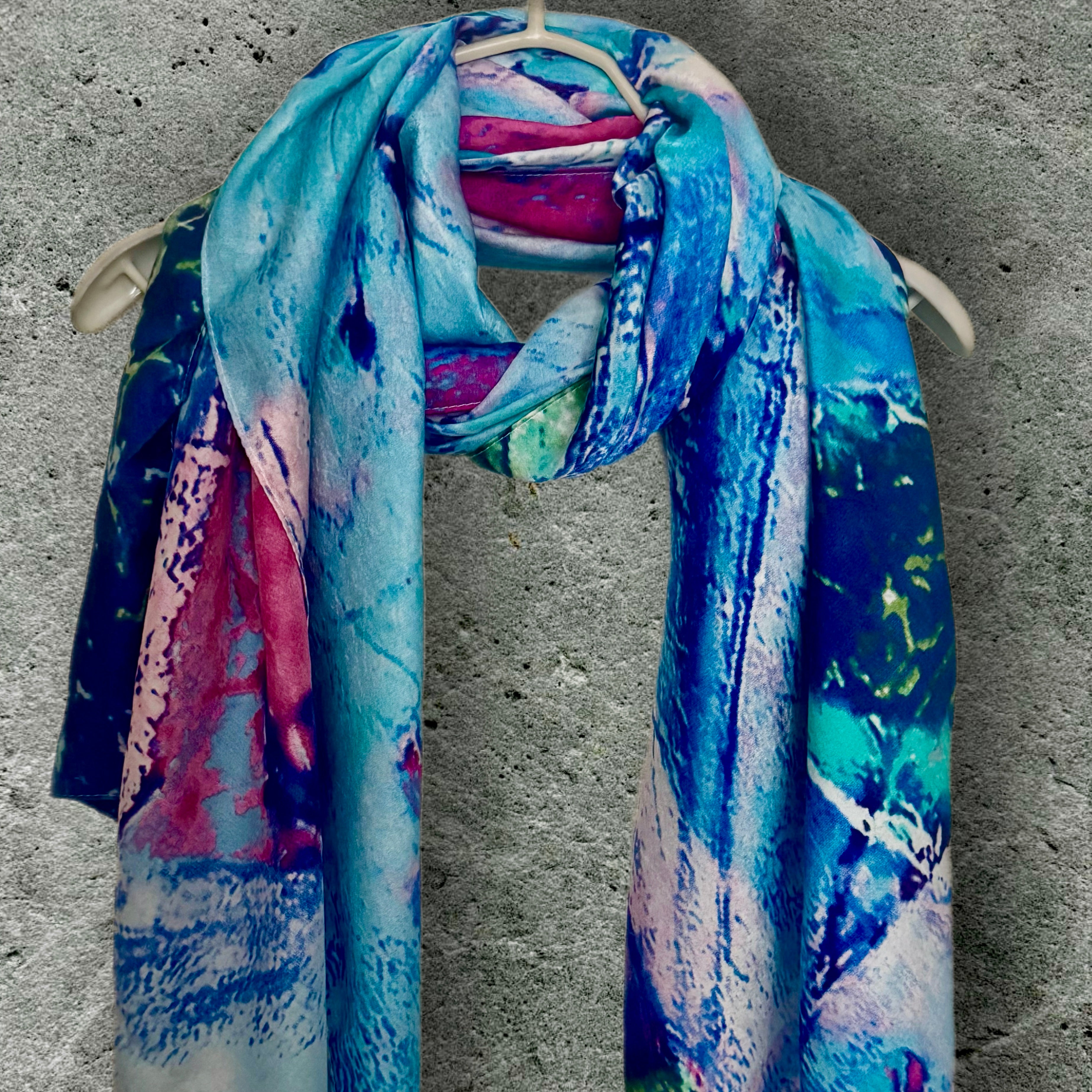 Vibrant Abstract Silk Shawl in Blue Tones,Colorful Modern Art Scarf for Women,Unique Gift for Art Lovers,Birthday,Mom or Christmas