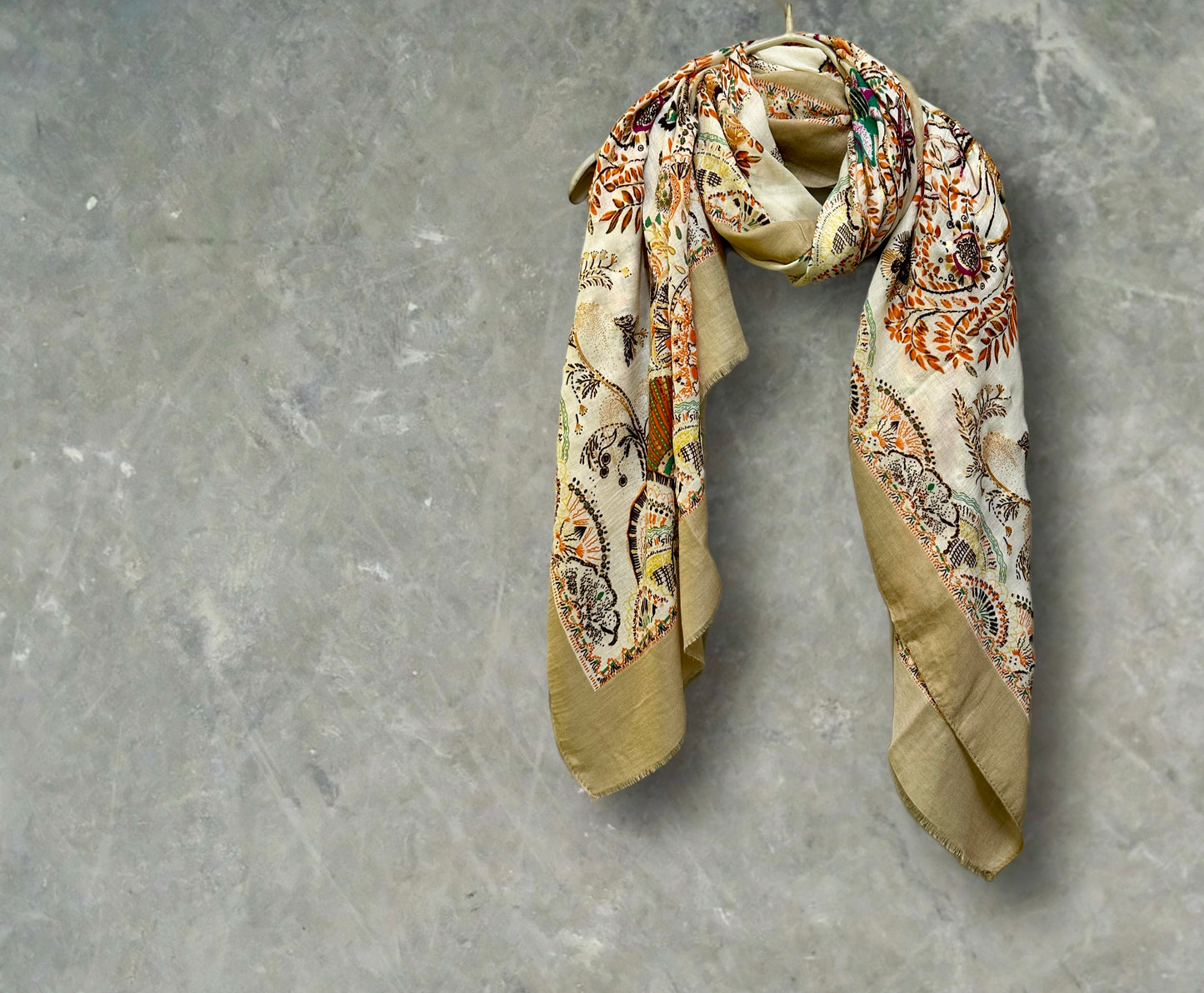 Off-White Sketch Tree Scarf with Brown Trim,Perfect for Women,All Seasons,Ideal Gifts for Her,Mom, Birthday and Christmas.