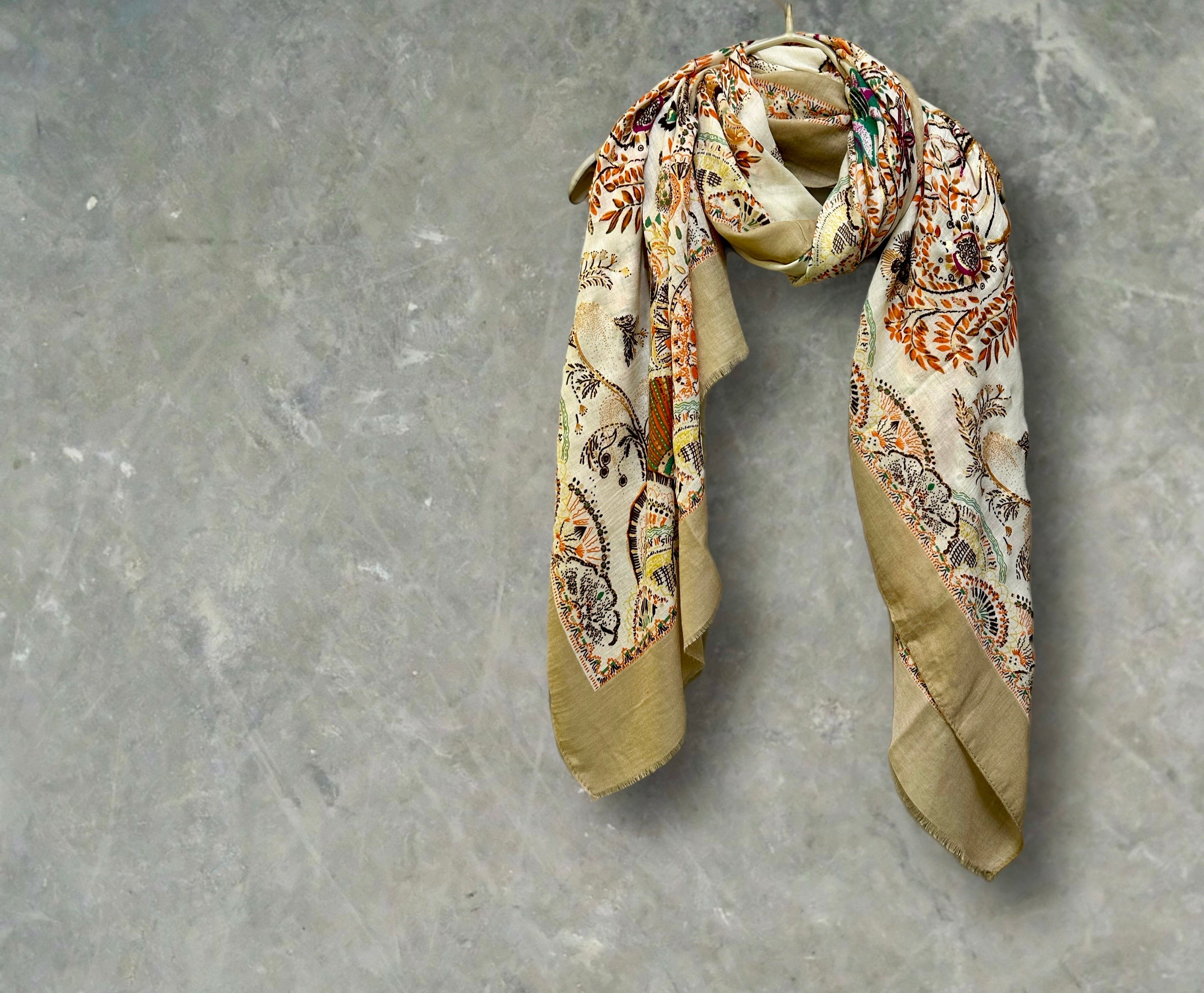 Off-White Sketch Tree Scarf with Brown Trim