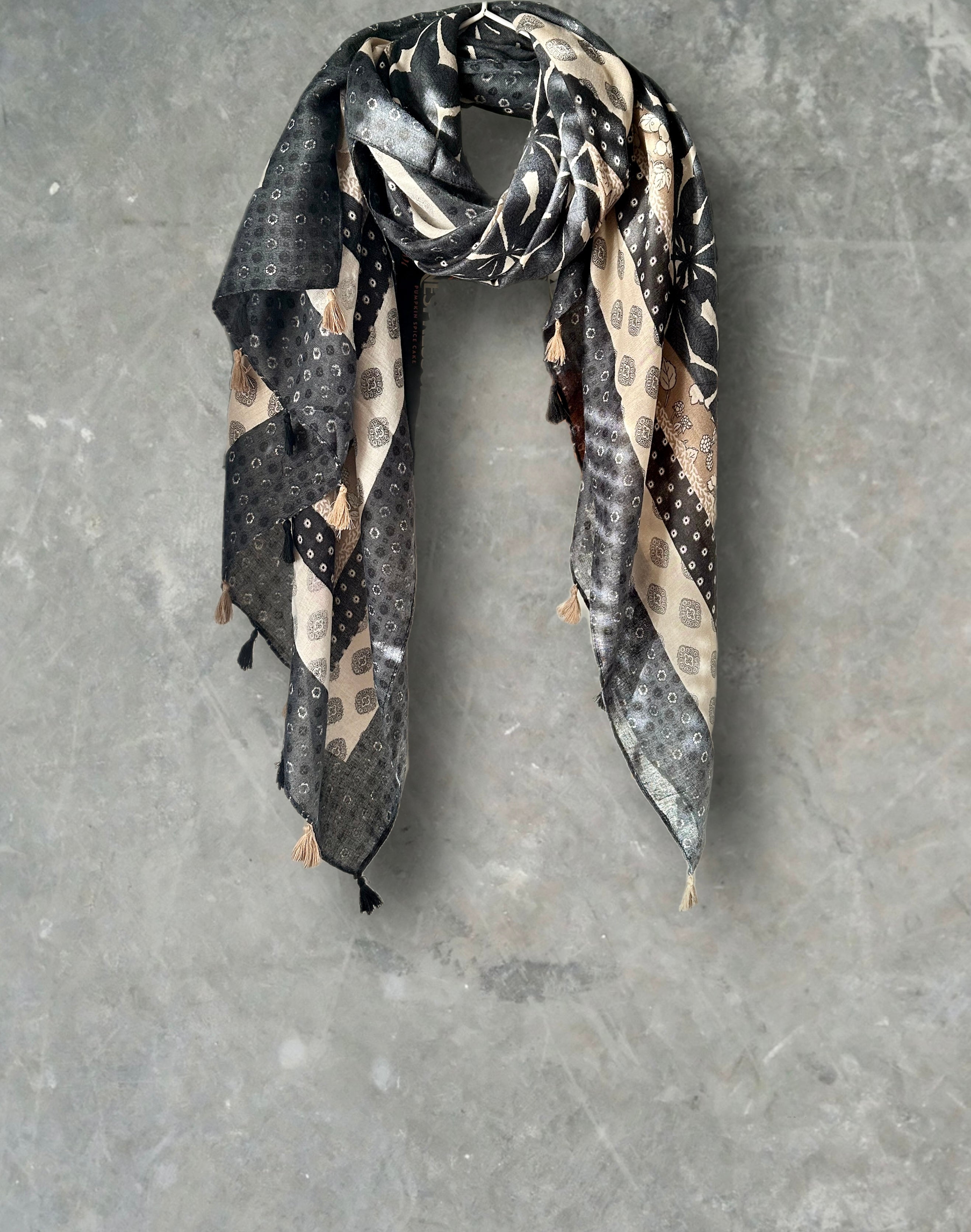 Black Cotton Scarf adorned with Bohemian Flowers Pattern and Tassels.