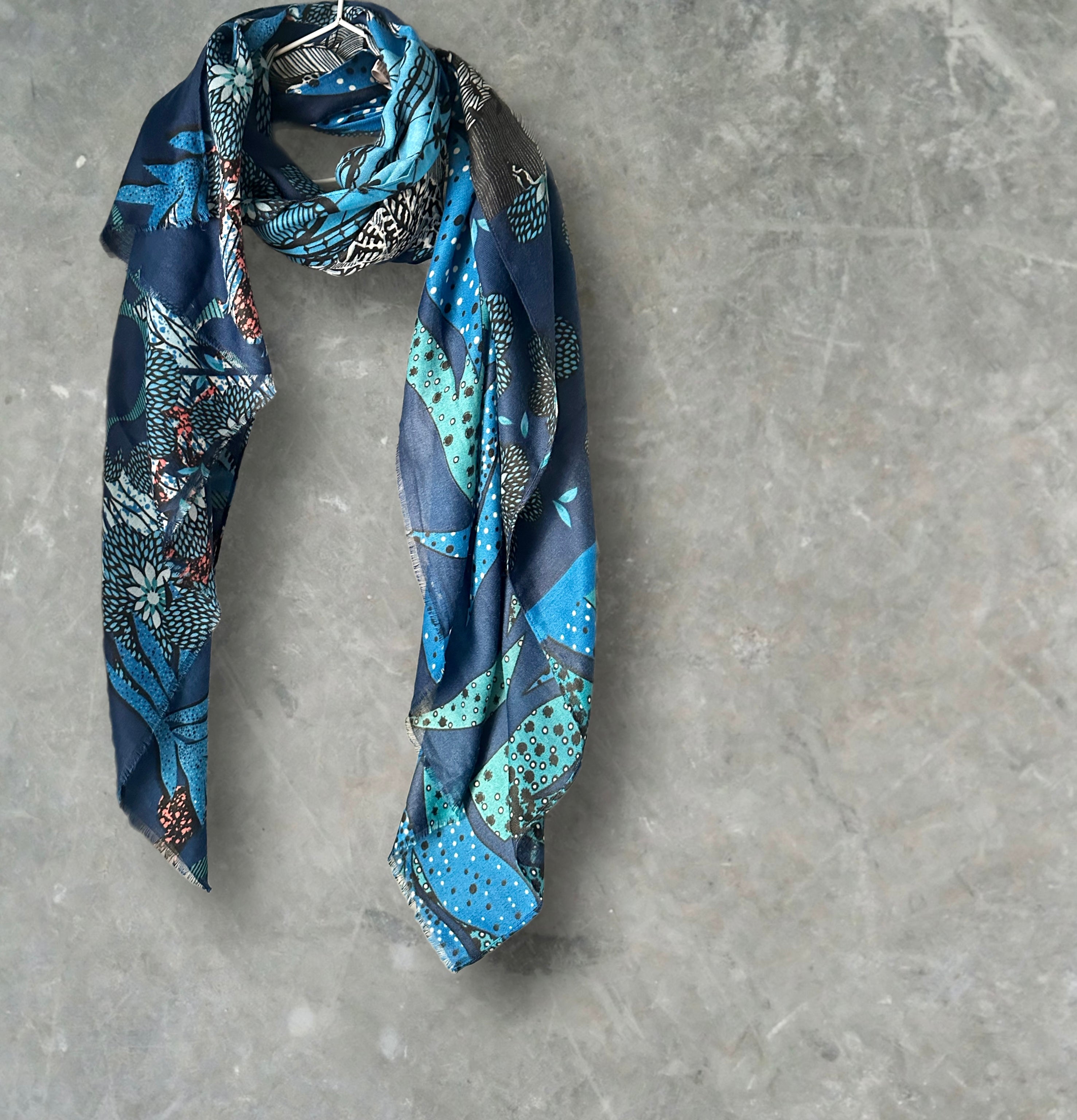 Unique Art Deco Flowers Pattern Blue Scarf