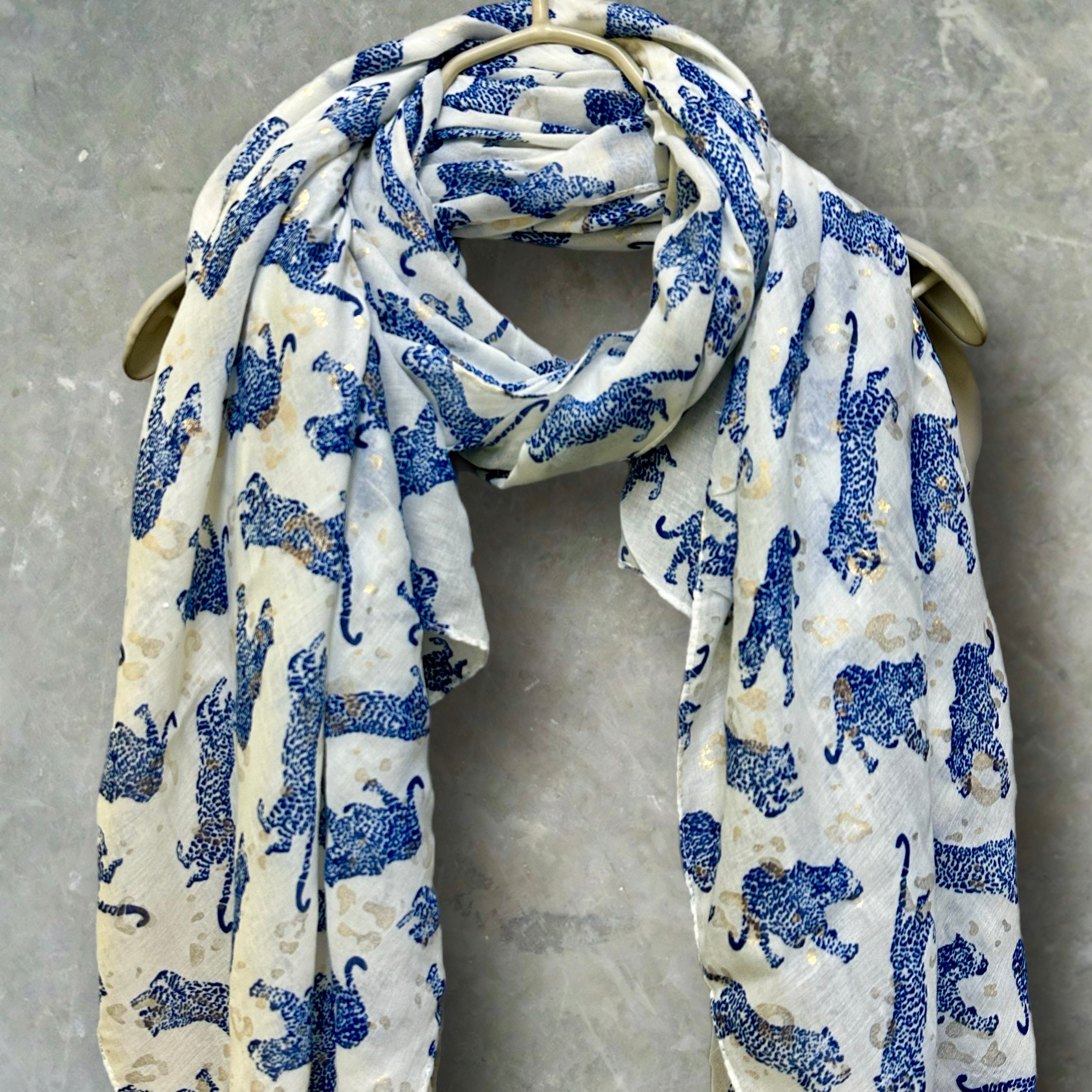 Blue classic leopards print off white scarf