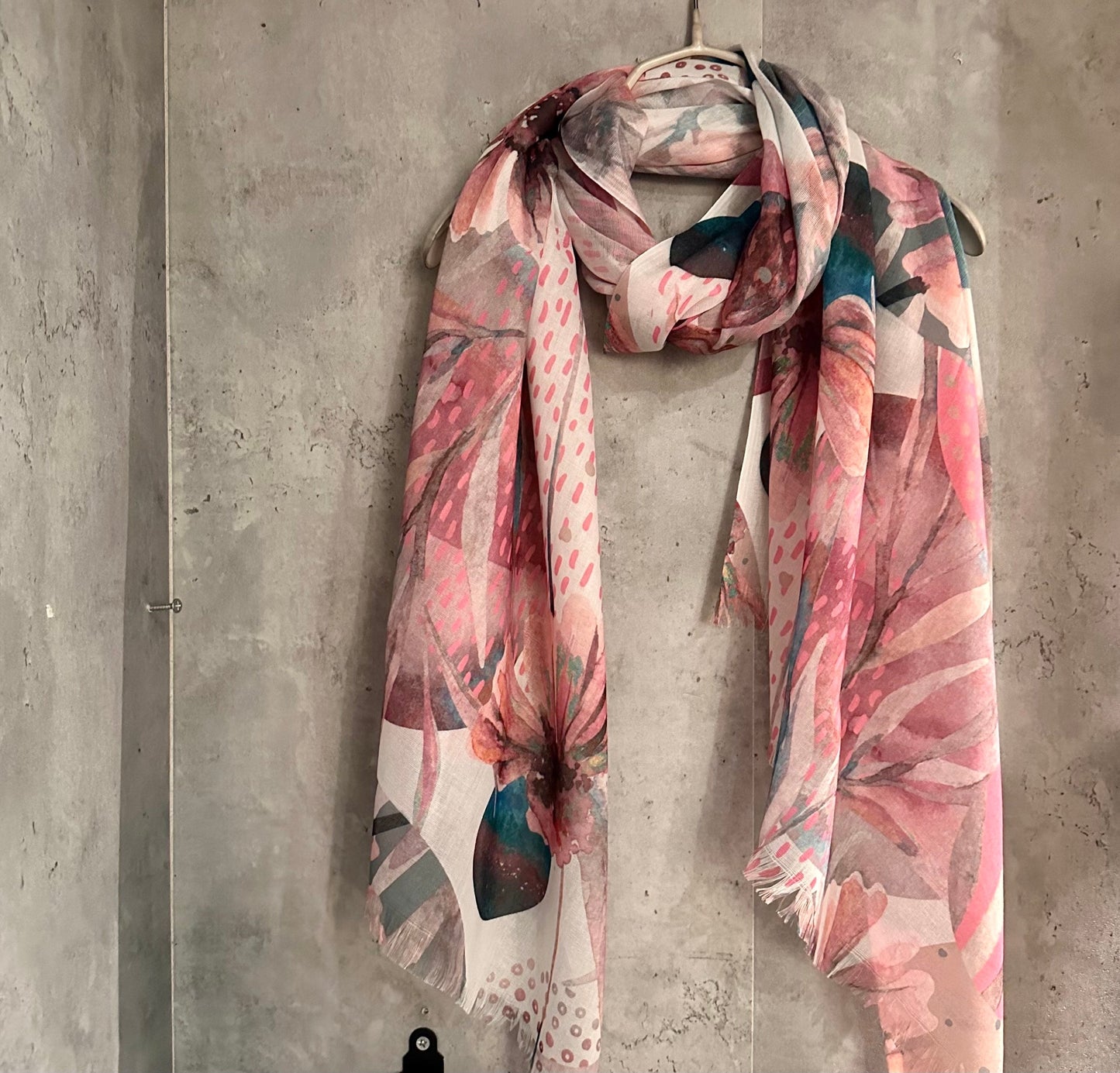 Large Watercolour Flowers Scarf,Organic Cotton Blend Scarf In Purple Pink