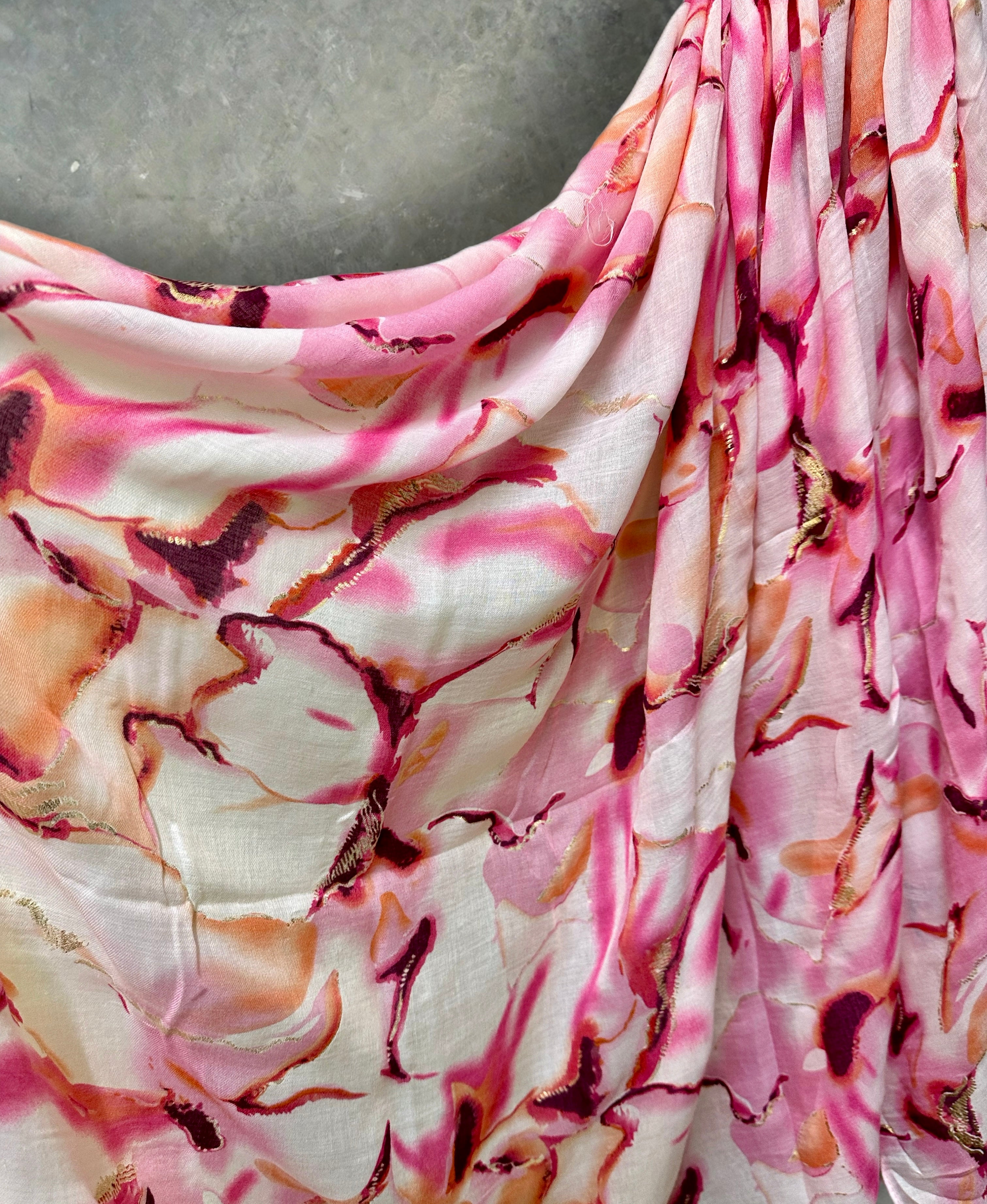 Pink Cotton Scarf for Women with Abstract Paint Splashes and Gold Accents