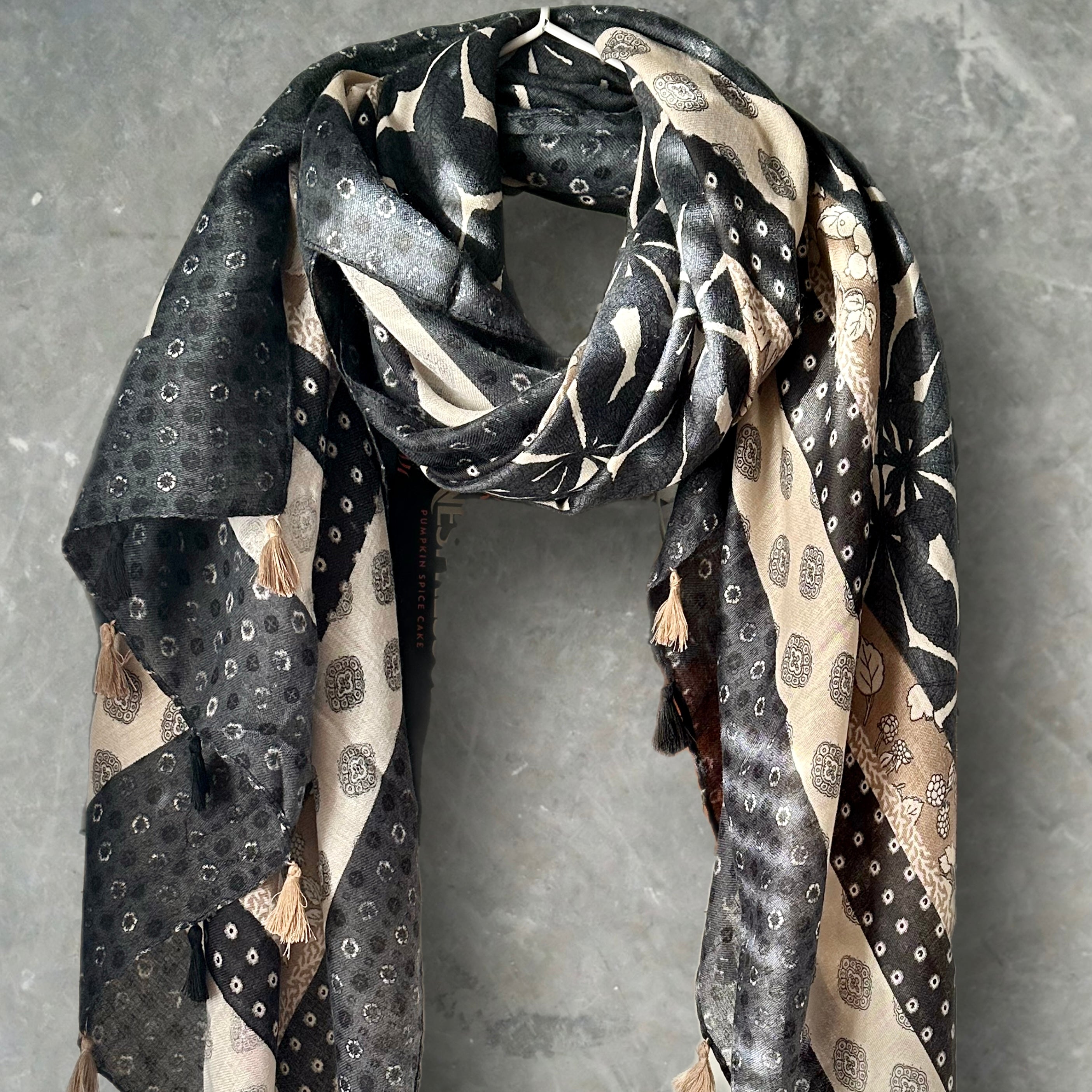 Black Cotton Scarf adorned with Bohemian Flowers Pattern and Tassels.