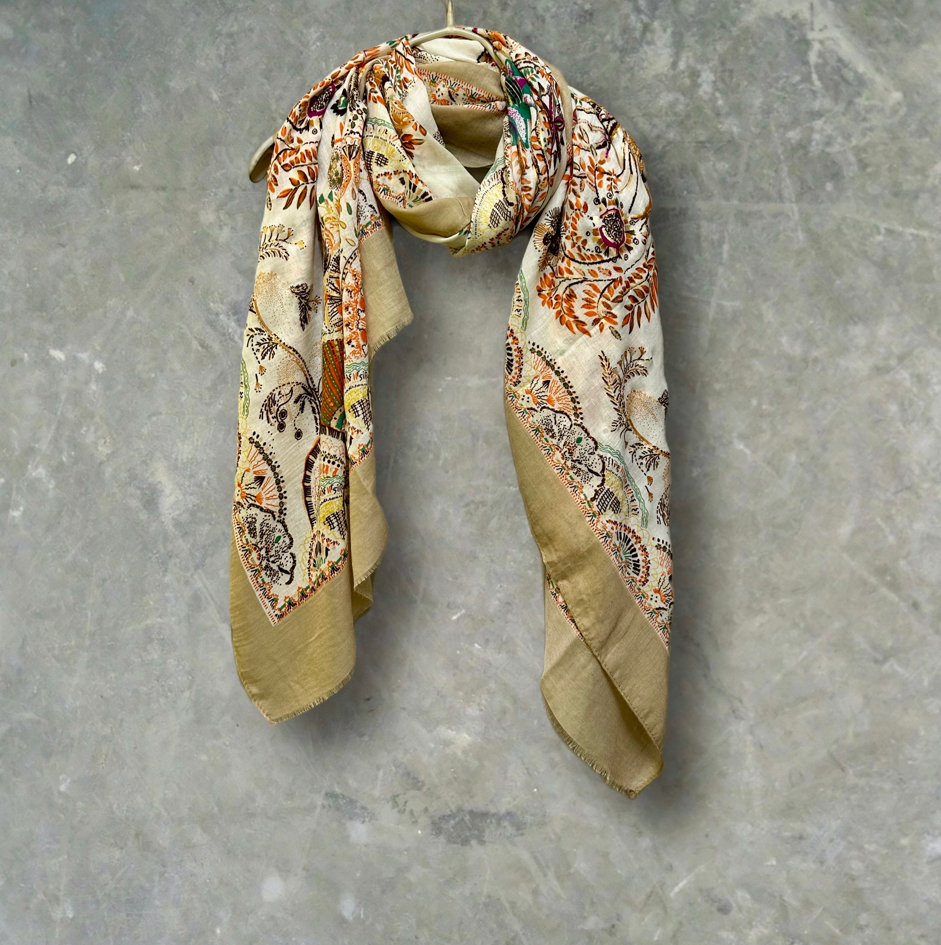 Off-White Sketch Tree Scarf with Brown Trim