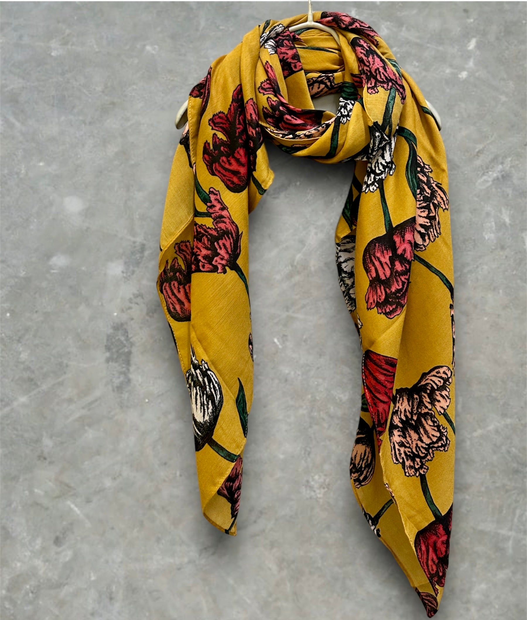 Mustard Yellow Scarf with Eco-Friendly Sketched Parrot Tulips Flower Design
