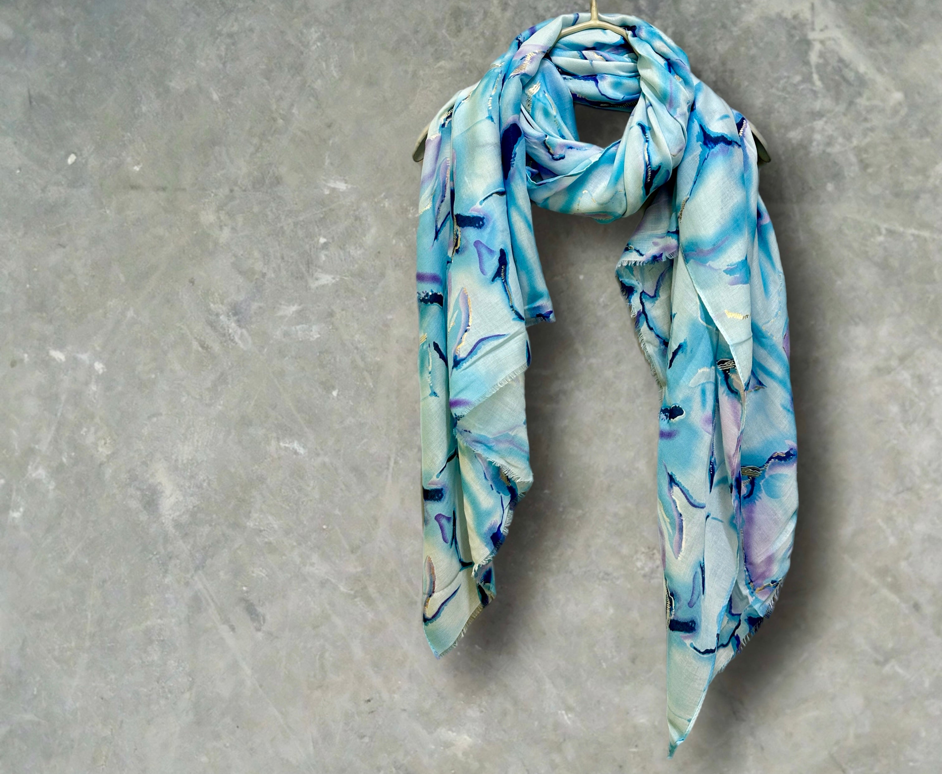 Blue Cotton Scarf for Women with Abstract Paint Splashes and Gold Accents