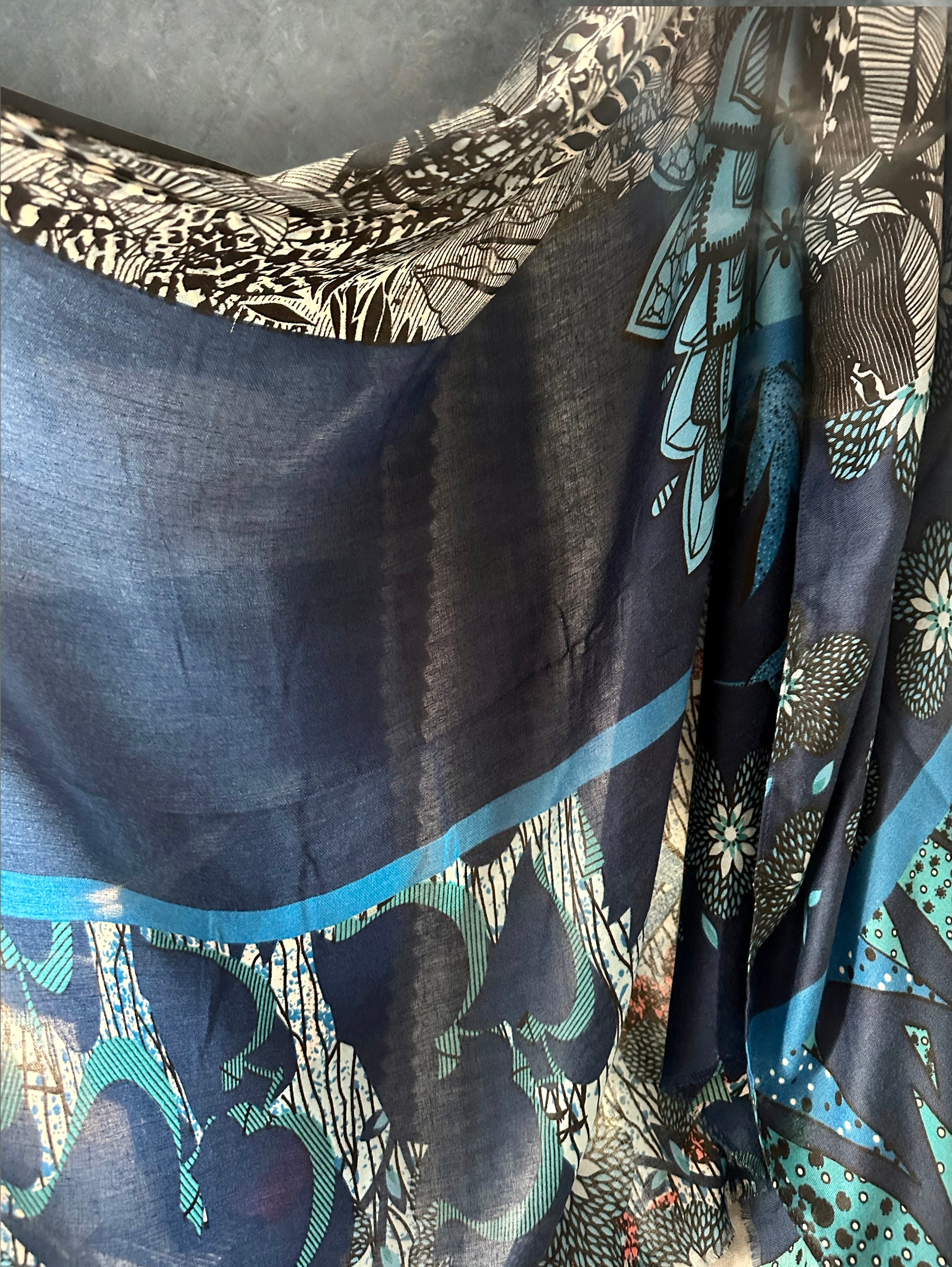 Unique Art Deco Flowers Pattern Blue Scarf