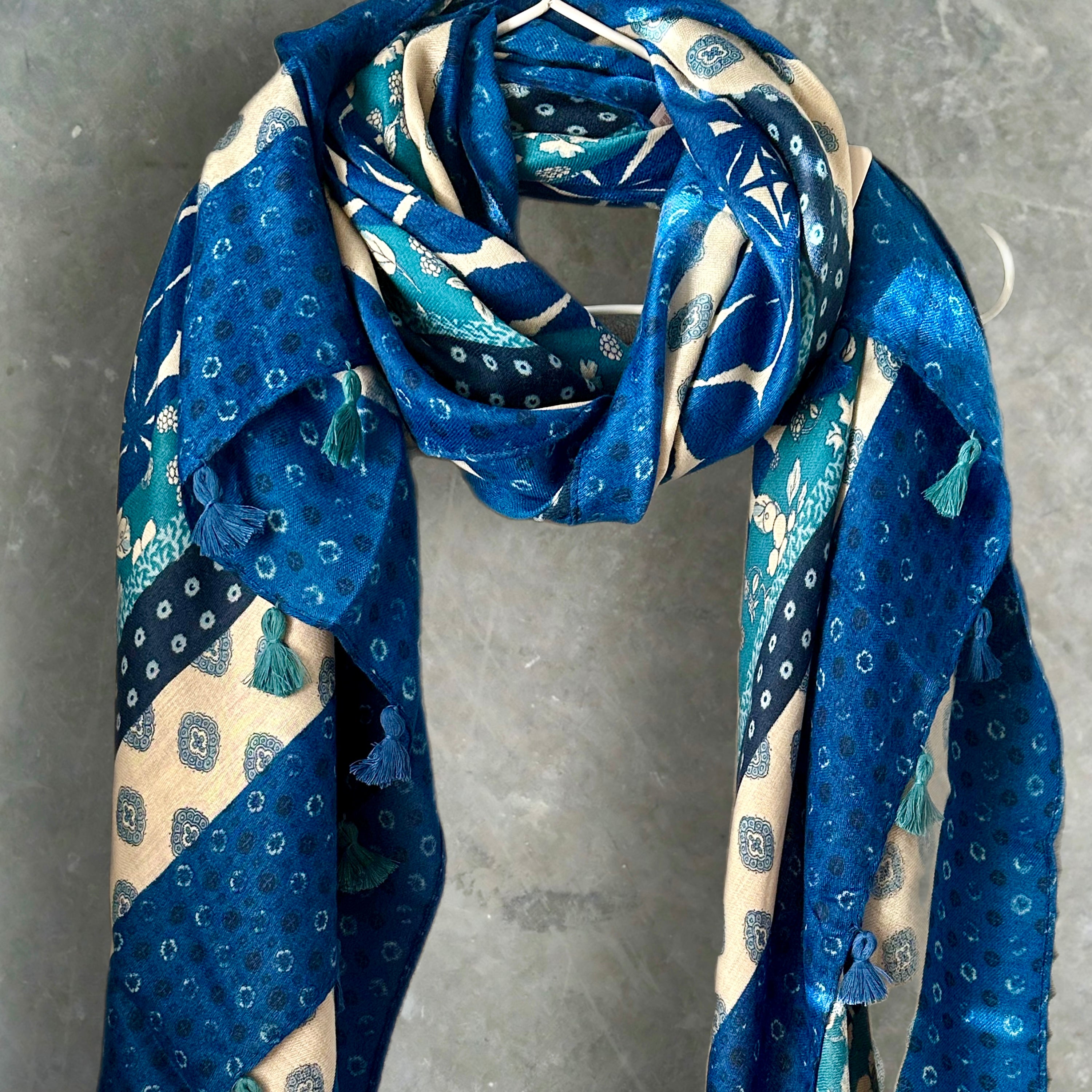 Bohemian Flowers Pattern with Tassels Blue Cotton Scarf