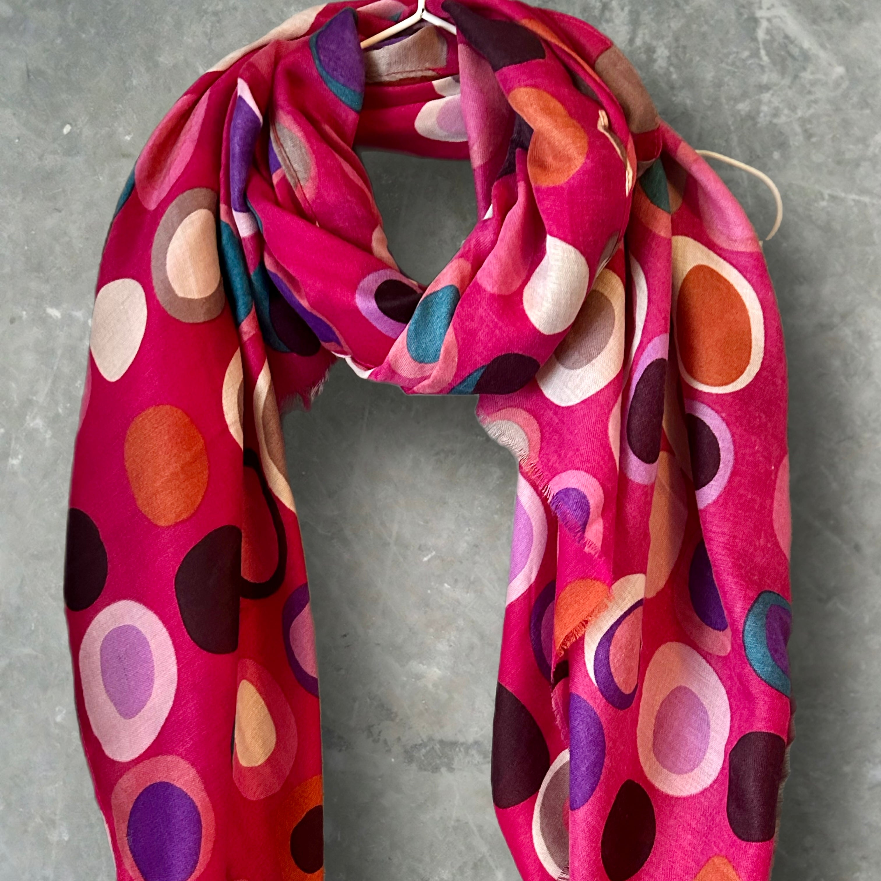 Multicolour Circle Pattern Fuchsia Pink Cotton Scarf