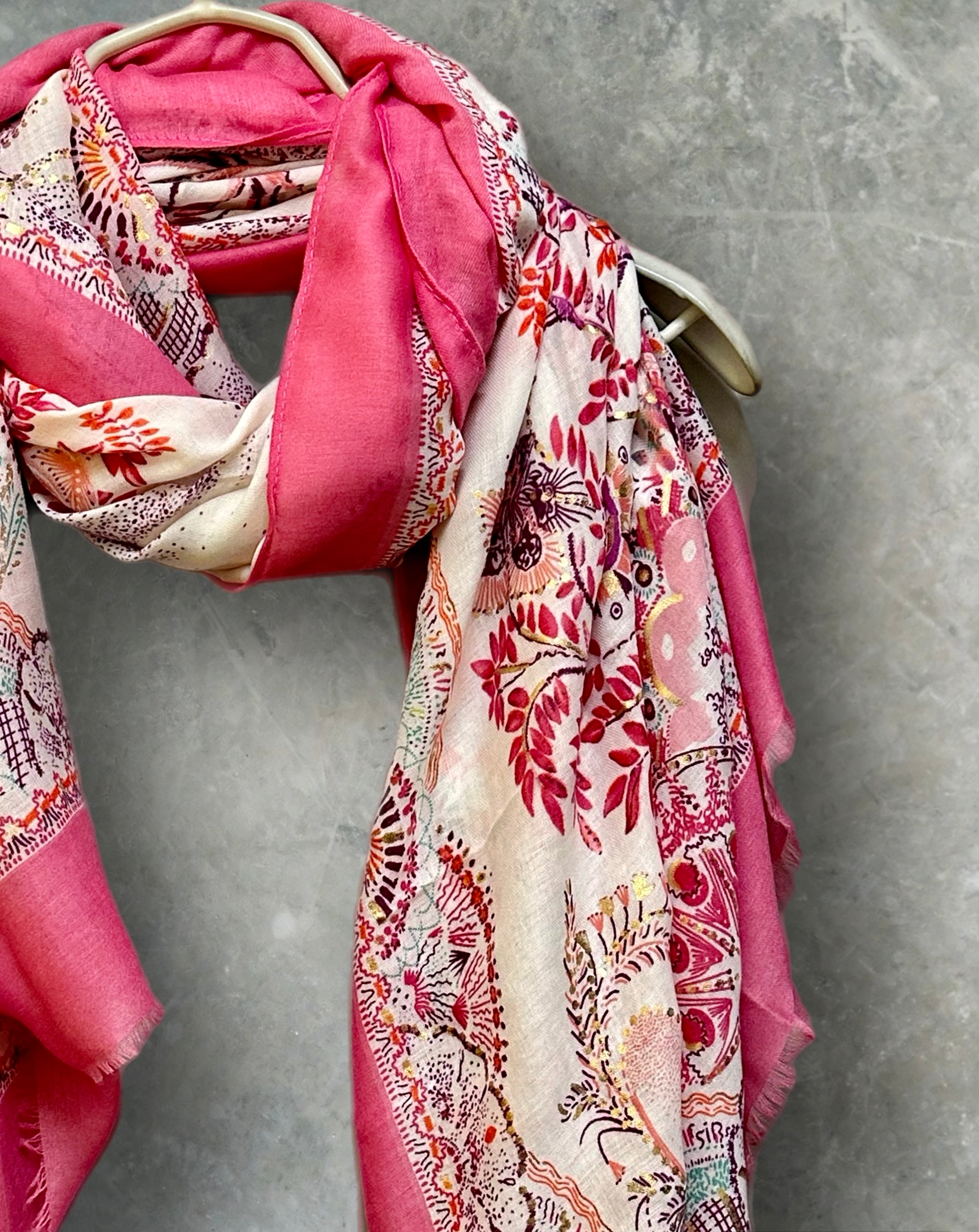 Bright Pink Sketch Tree Scarf with Pink Trim