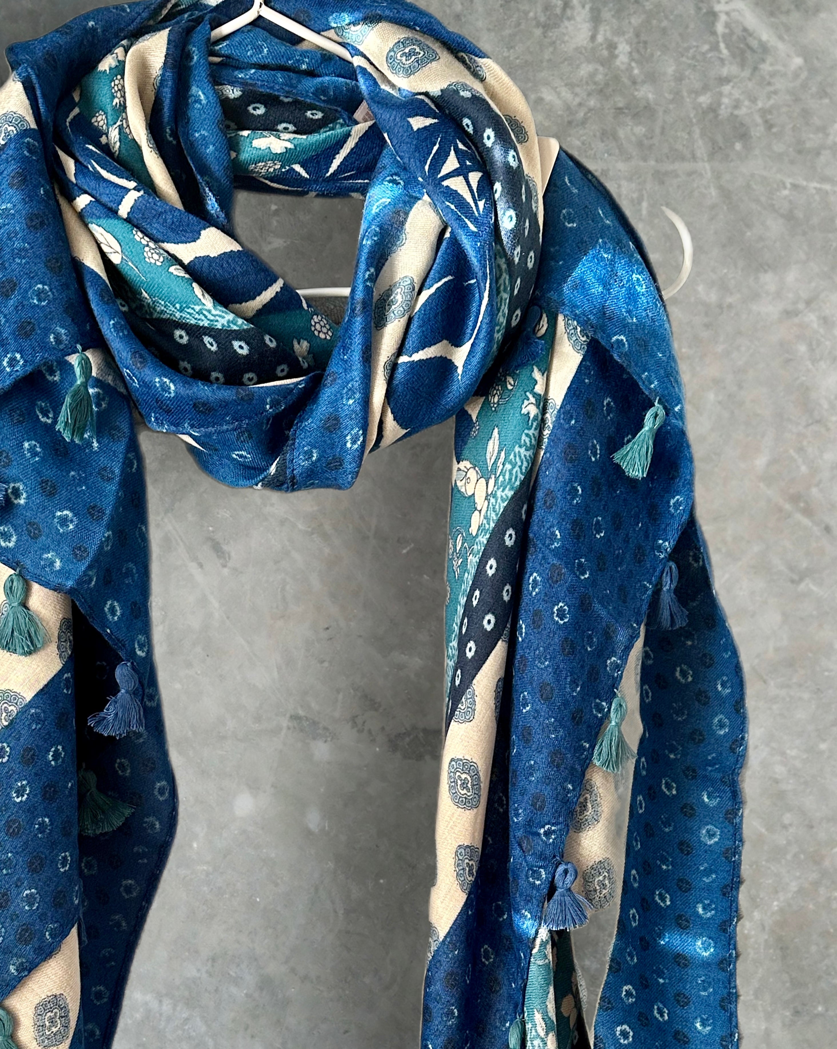 Bohemian Flowers Pattern with Tassels Blue Cotton Scarf