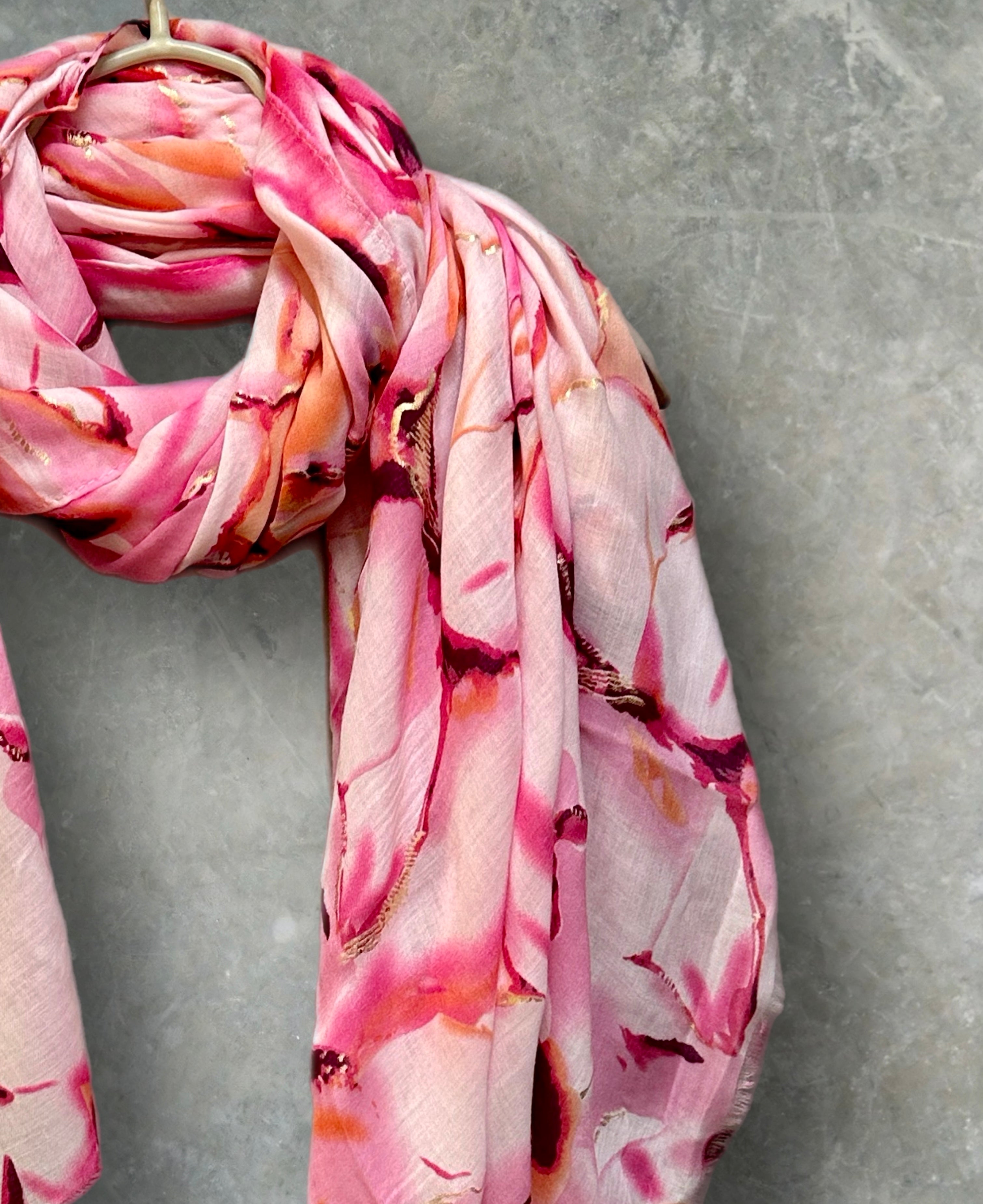 Pink Cotton Scarf for Women with Abstract Paint Splashes and Gold Accents
