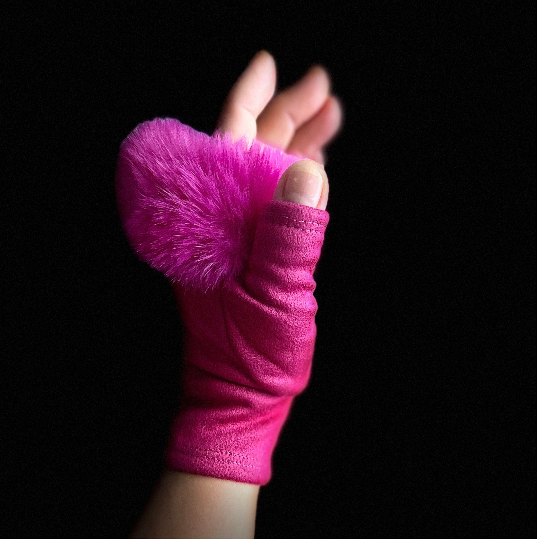 Fuchsia Pink Suede Fingerless Gloves with Faux Fur details