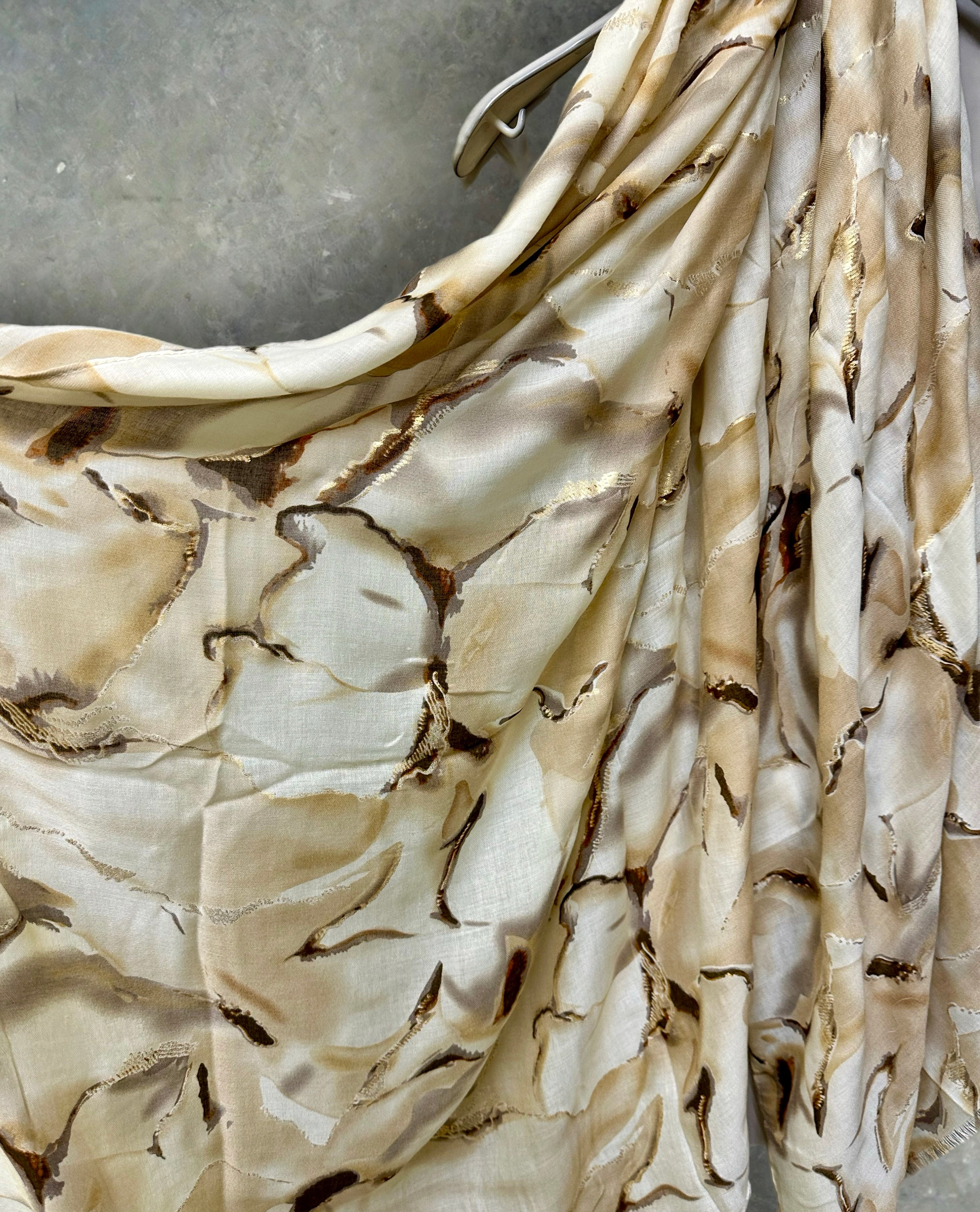 Beige Cotton Scarf for Women with Abstract Paint Splashes and Gold Accents