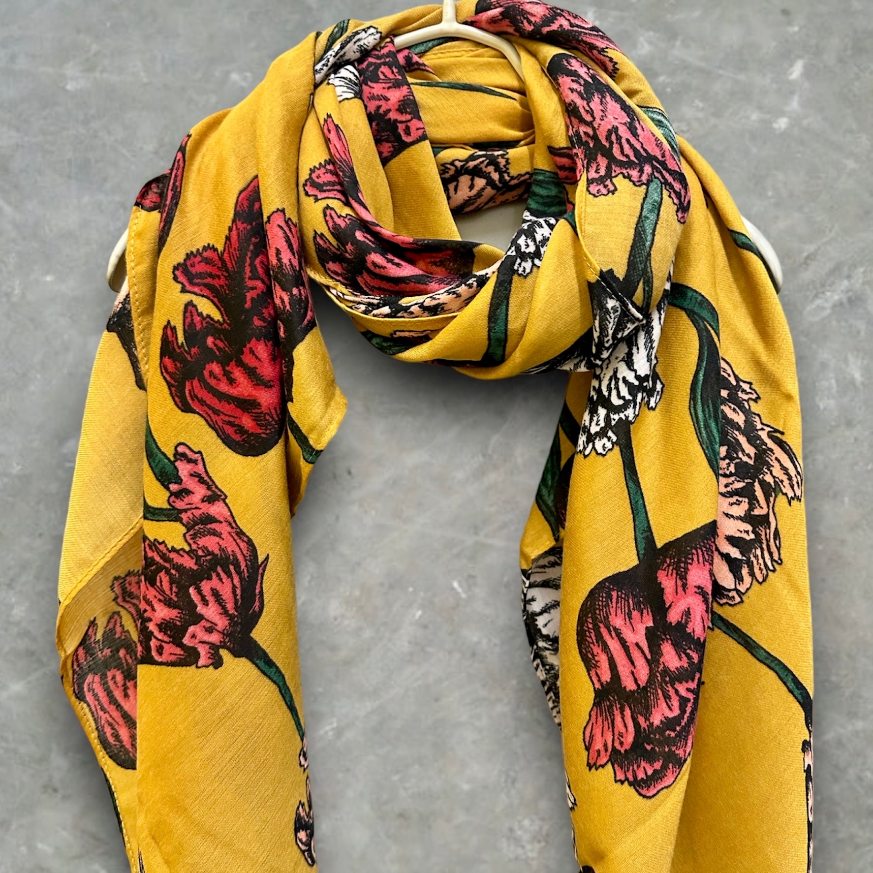Mustard Yellow Scarf with Eco-Friendly Sketched Parrot Tulips Flower Design