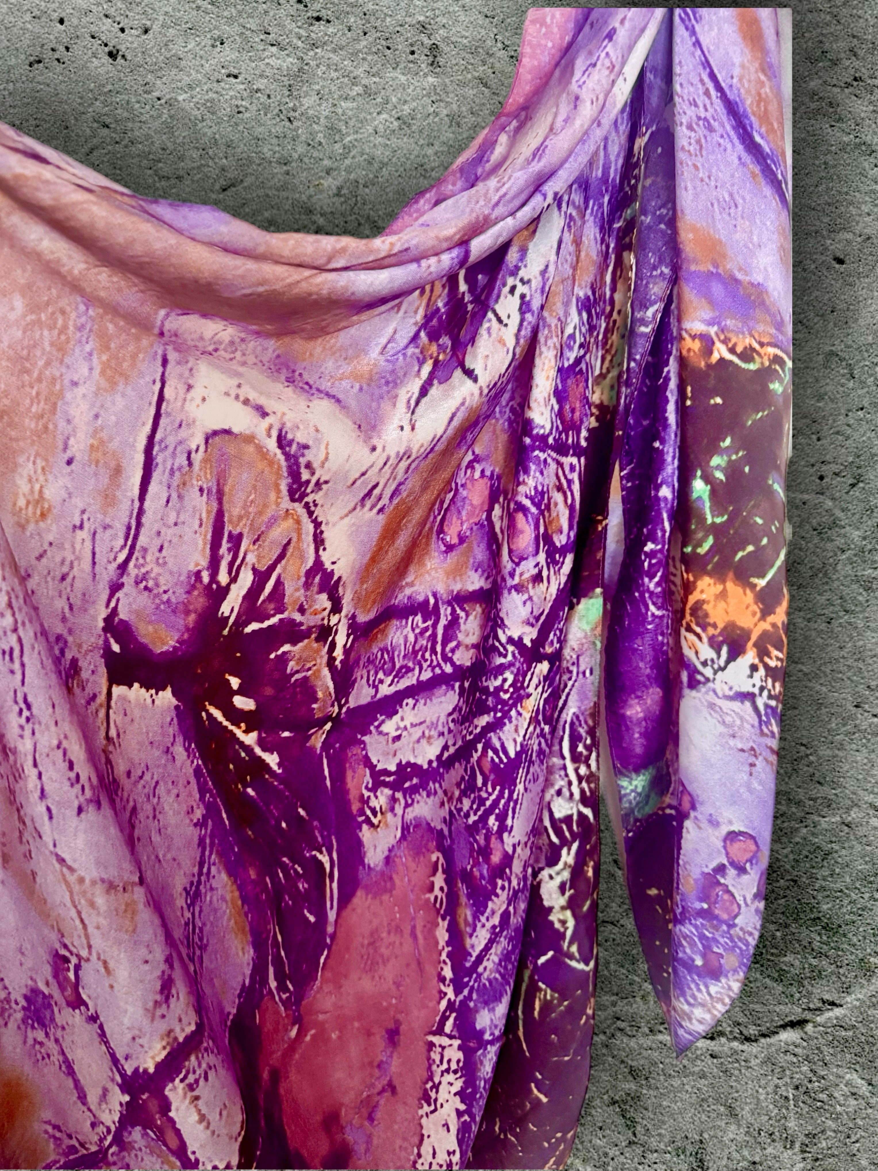 Luxury Silk Scarf with Abstract Art Print in Purple Tones,Handmade Women’s Wrap for All Season,Great Gifts for Her,Mom,Birthday or Christmas