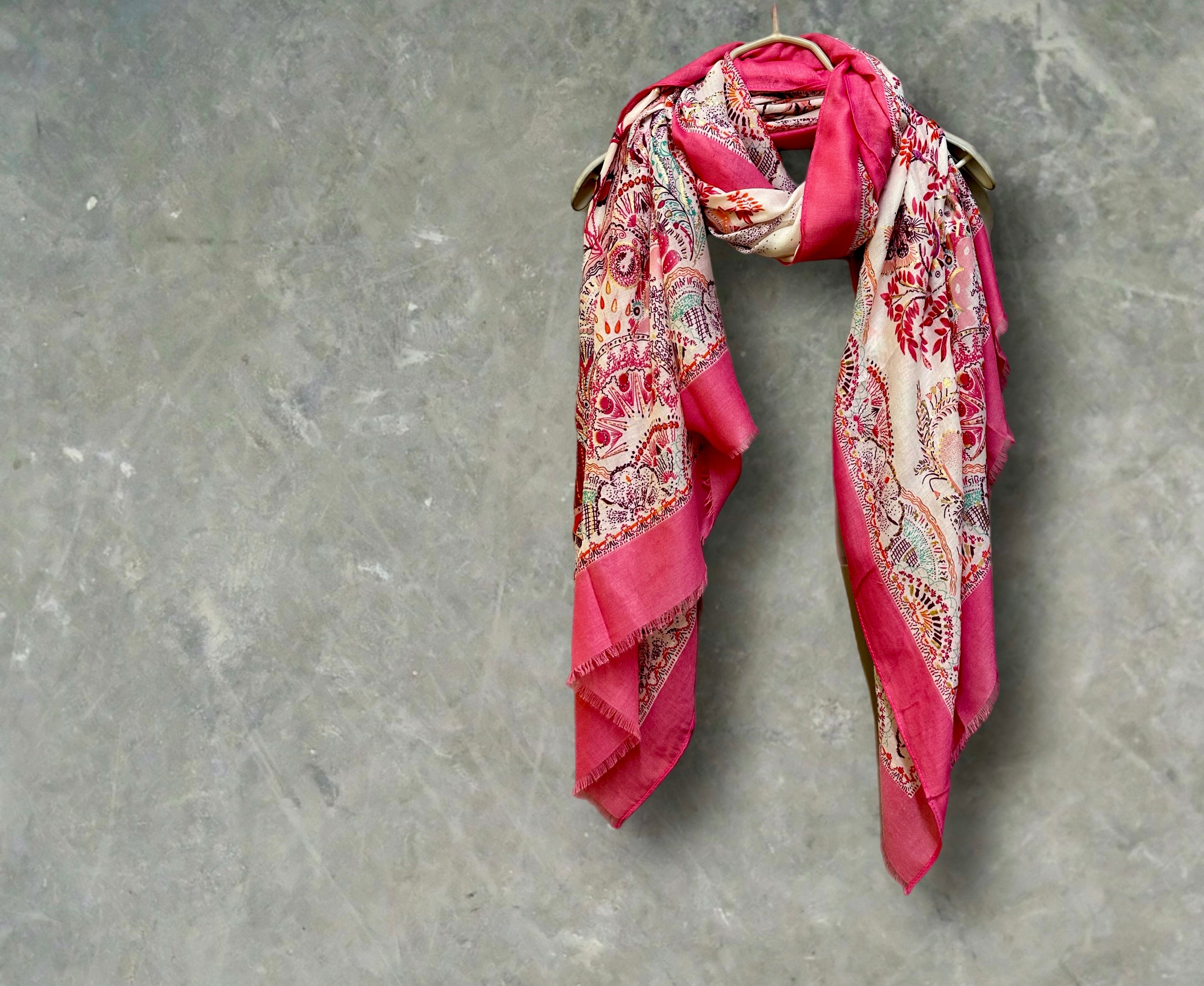 Bright Pink Sketch Tree Scarf with Pink Trim