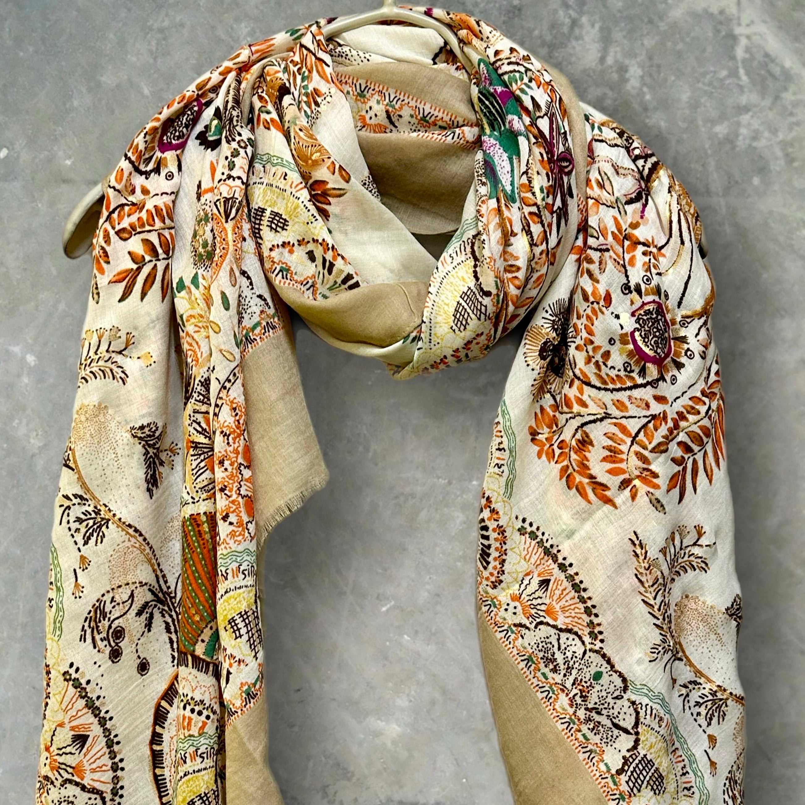 Off-White Sketch Tree Scarf with Brown Trim