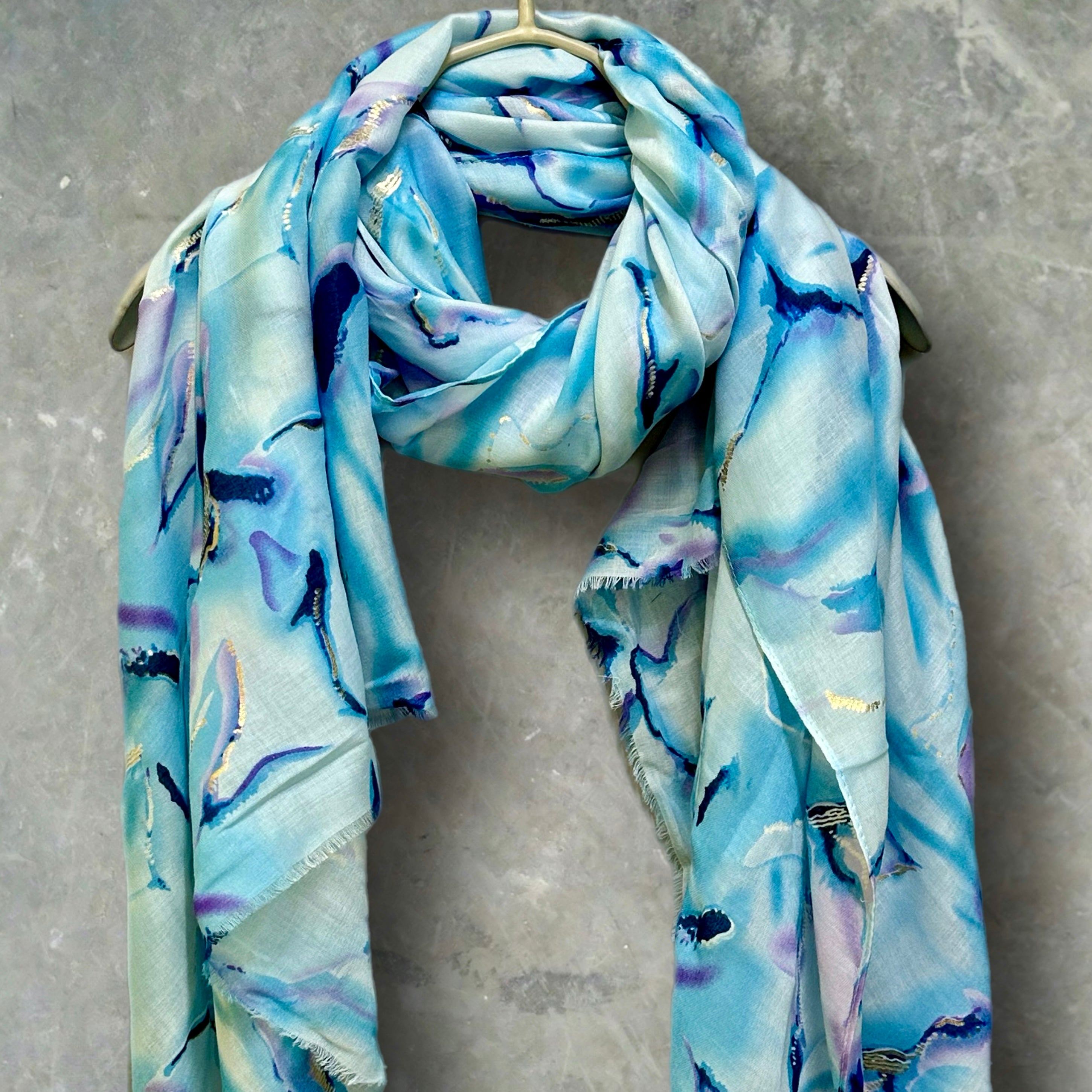 Blue Cotton Scarf for Women with Abstract Paint Splashes and Gold Accents