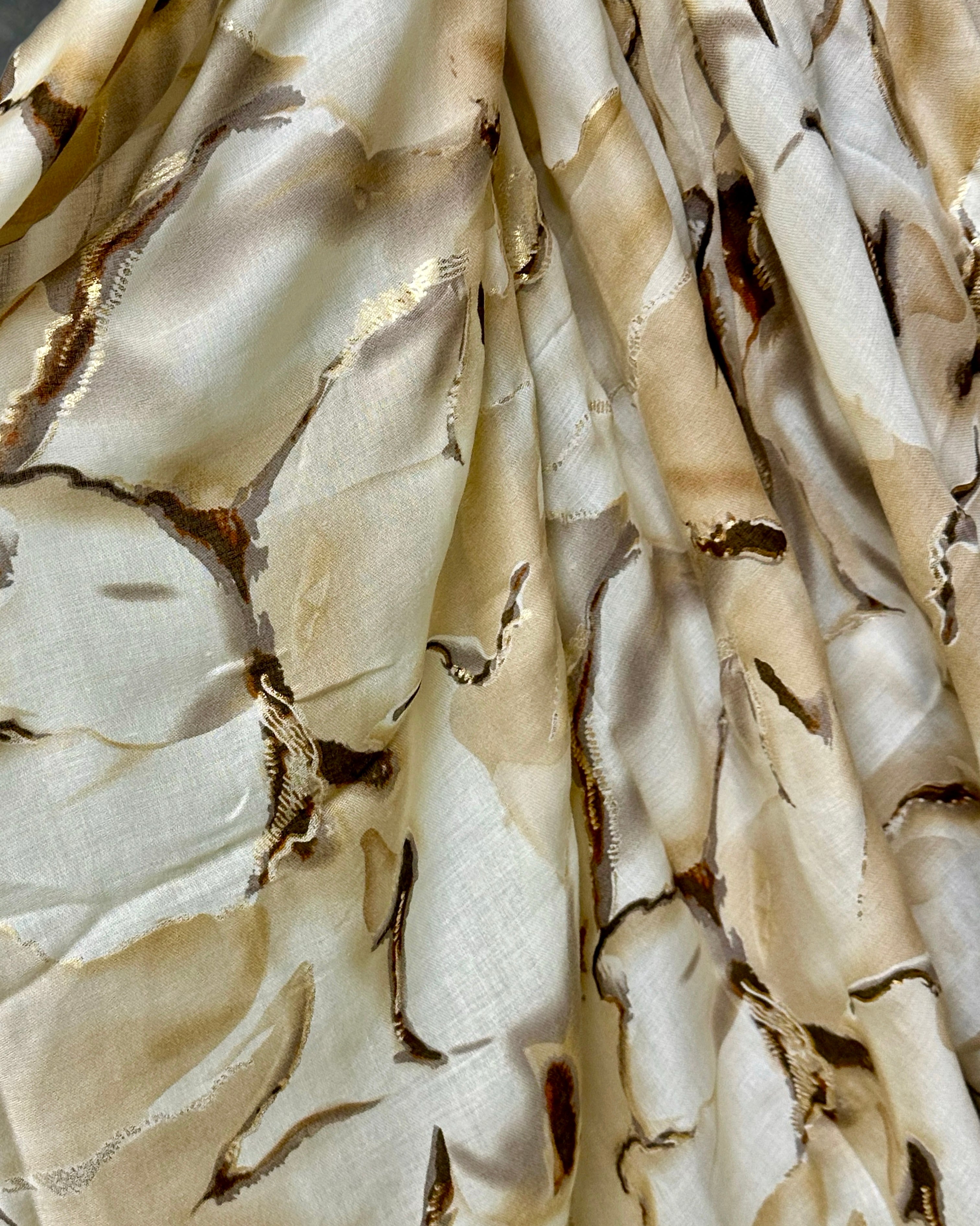 Beige Cotton Scarf for Women with Abstract Paint Splashes and Gold Accents