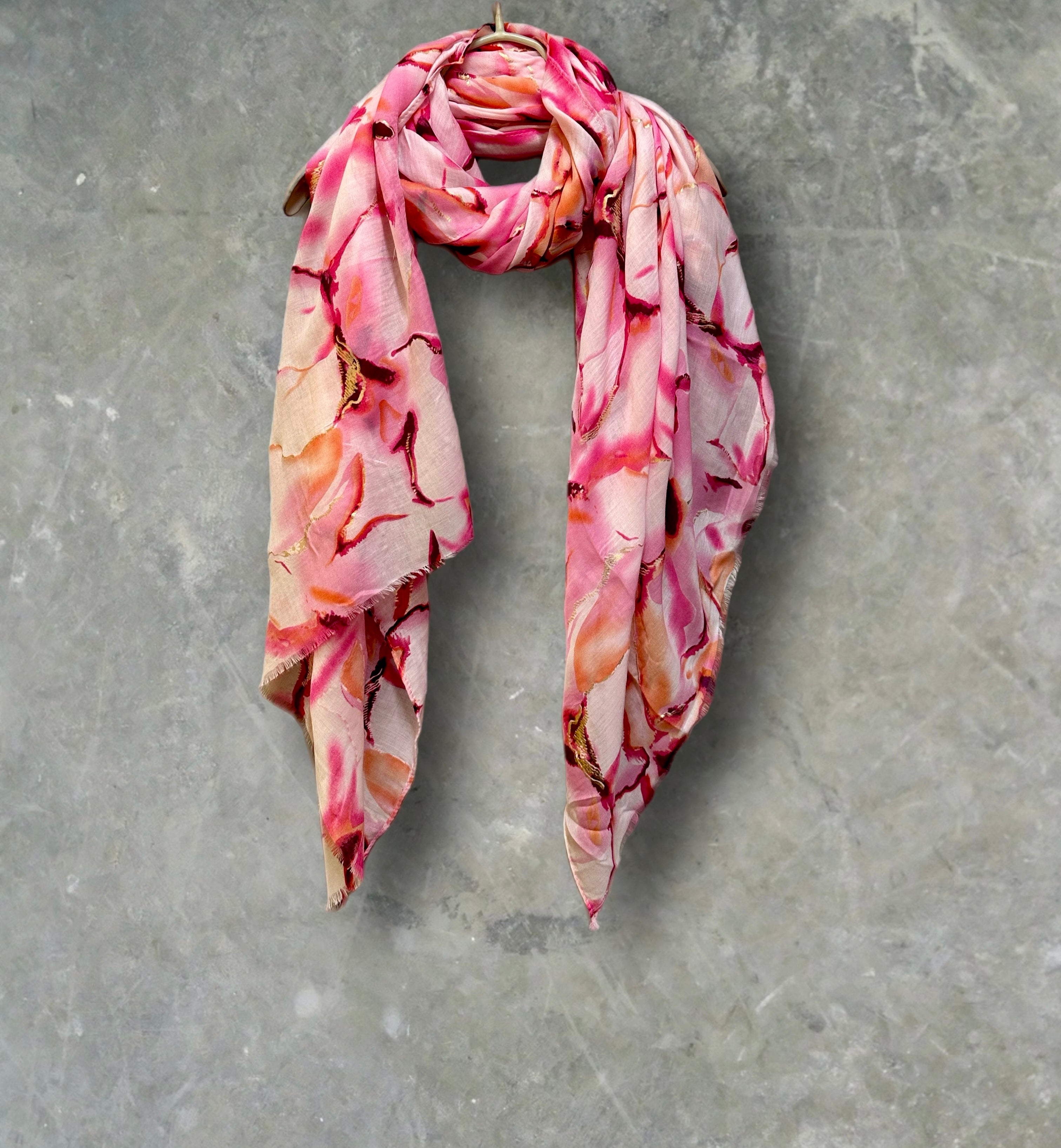 Pink Cotton Scarf for Women with Abstract Paint Splashes and Gold Accents