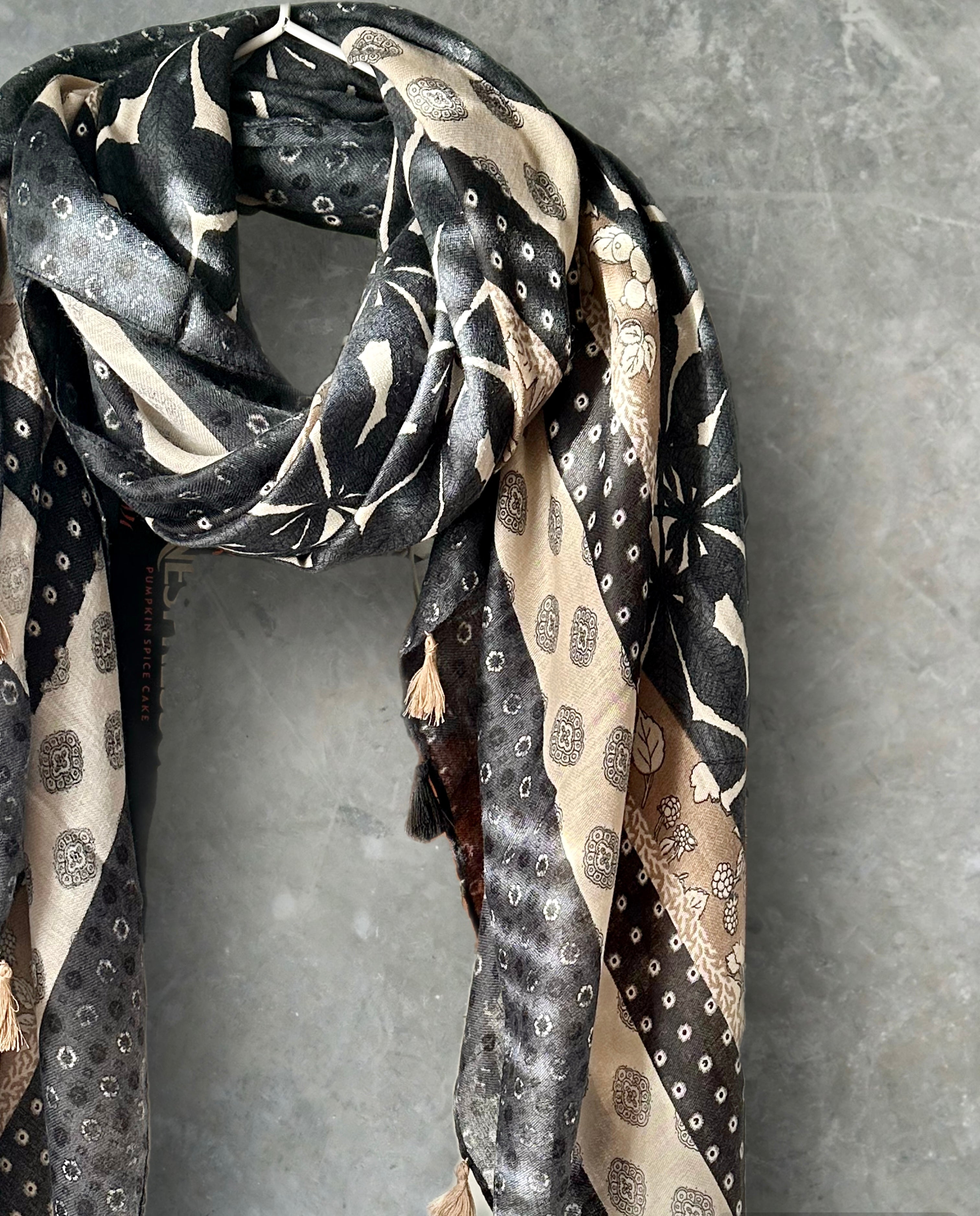 Black Cotton Scarf adorned with Bohemian Flowers Pattern and Tassels.