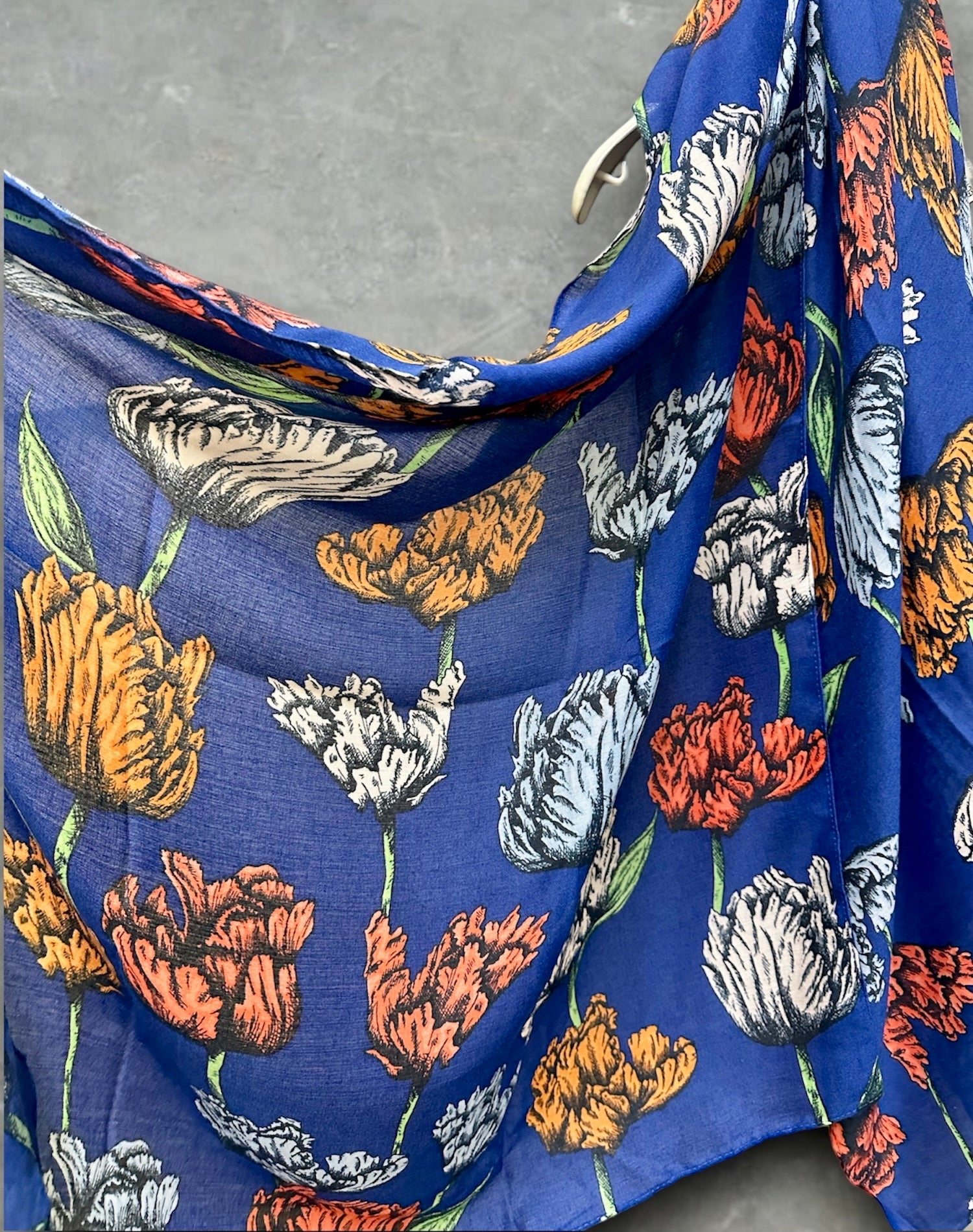 Blue Cotton Scarf with Eco-Friendly Sketched Parrot Tulips Flower Design
