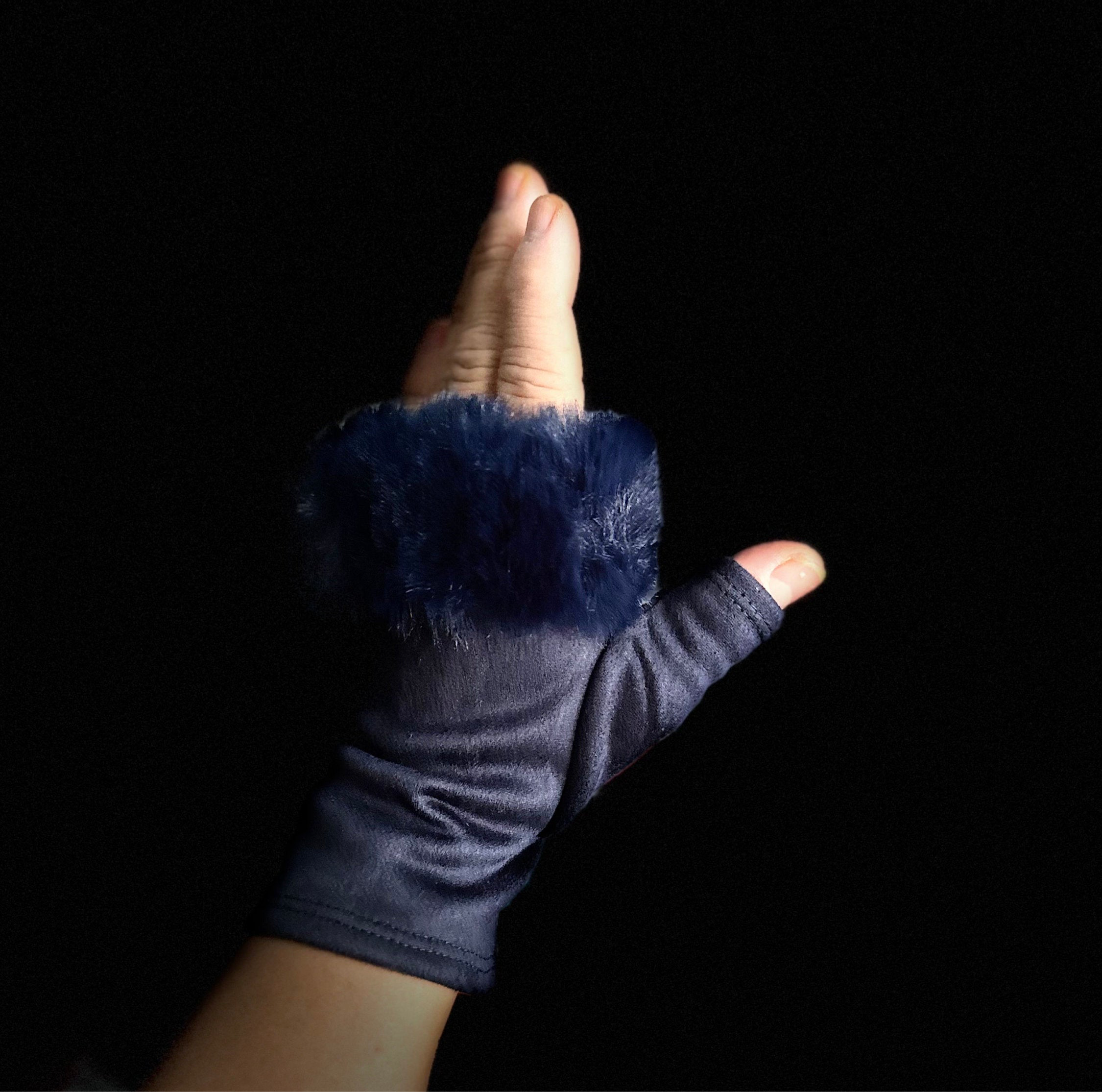 Navy Blue Suede Fingerless Gloves with Faux Fur