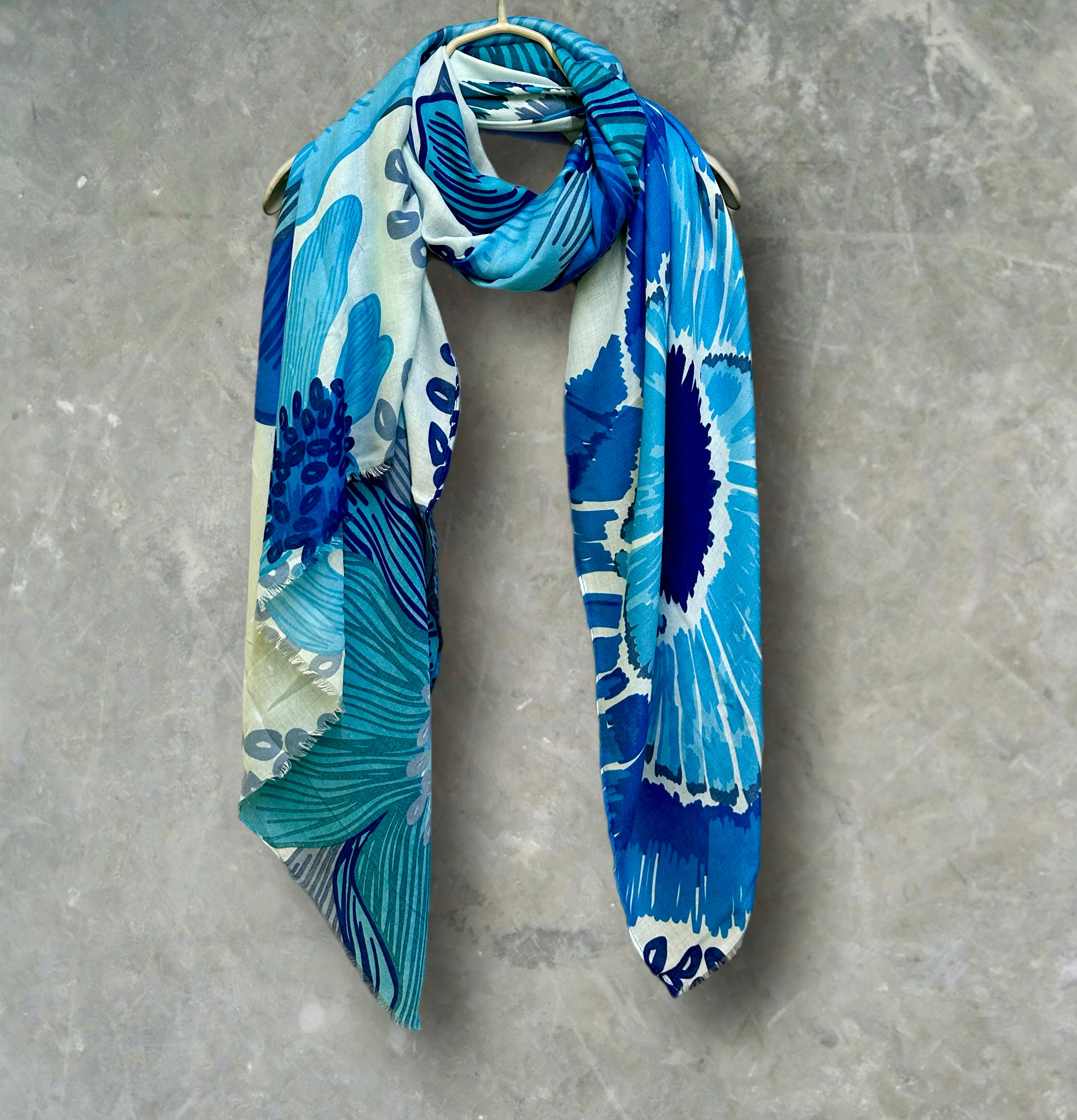 Stunning Blue Scarf Featuring Huge Sketched Flowers