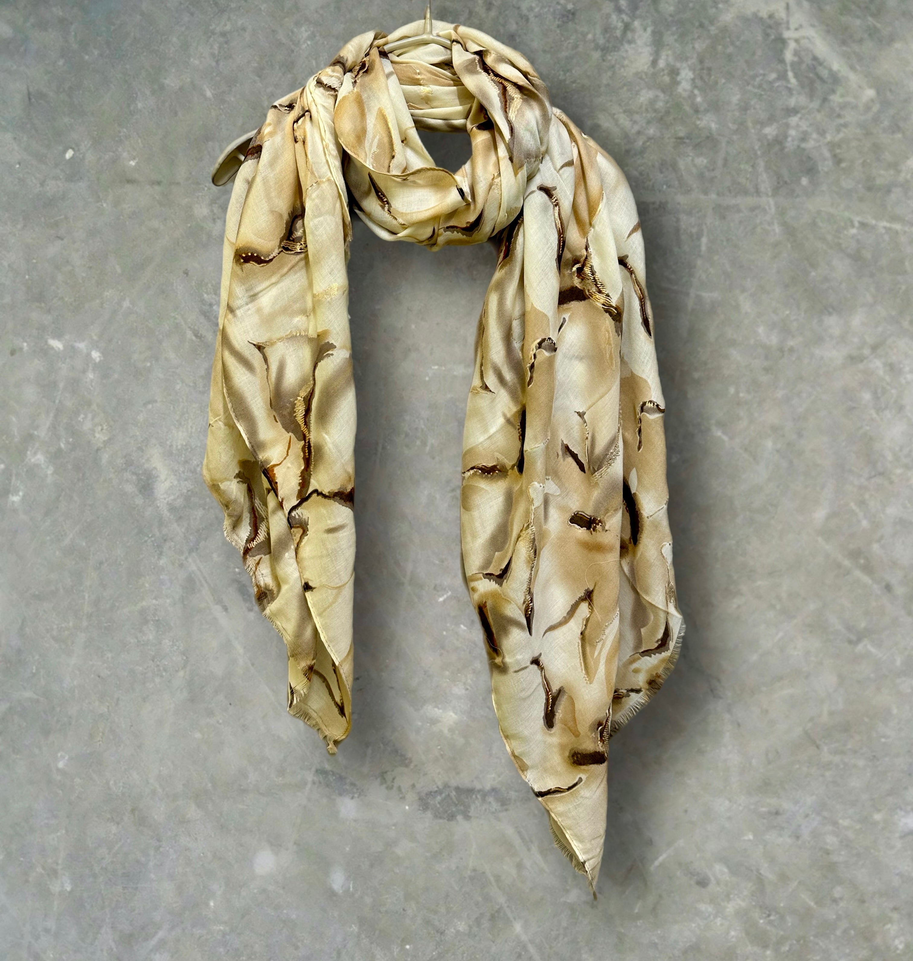 Beige Cotton Scarf for Women with Abstract Paint Splashes and Gold Accents