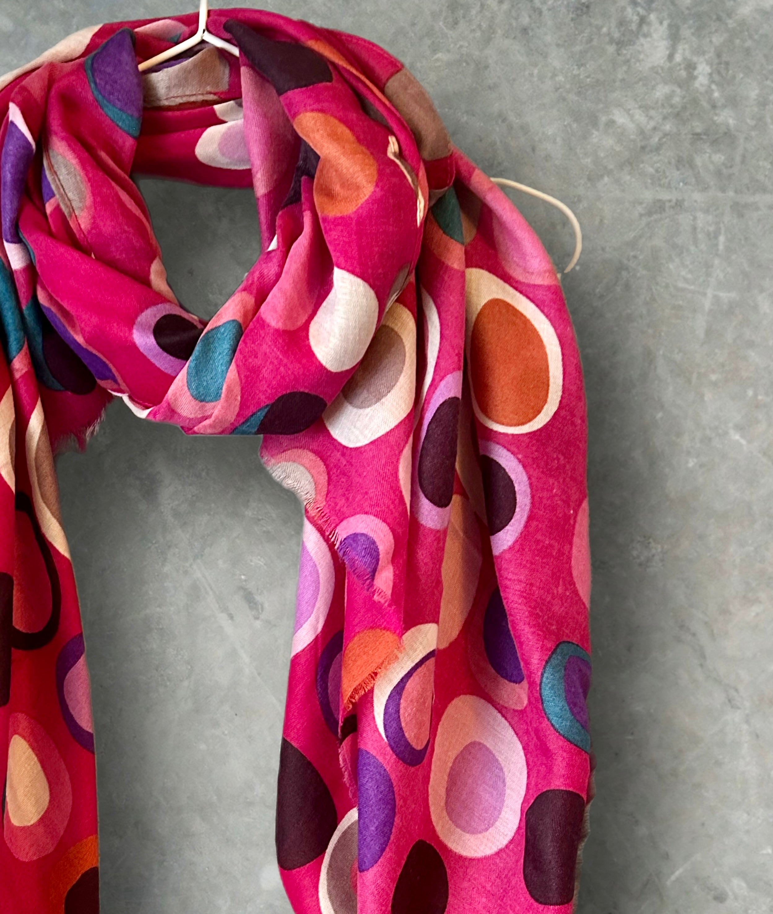 Multicolour Circle Pattern Fuchsia Pink Cotton Scarf