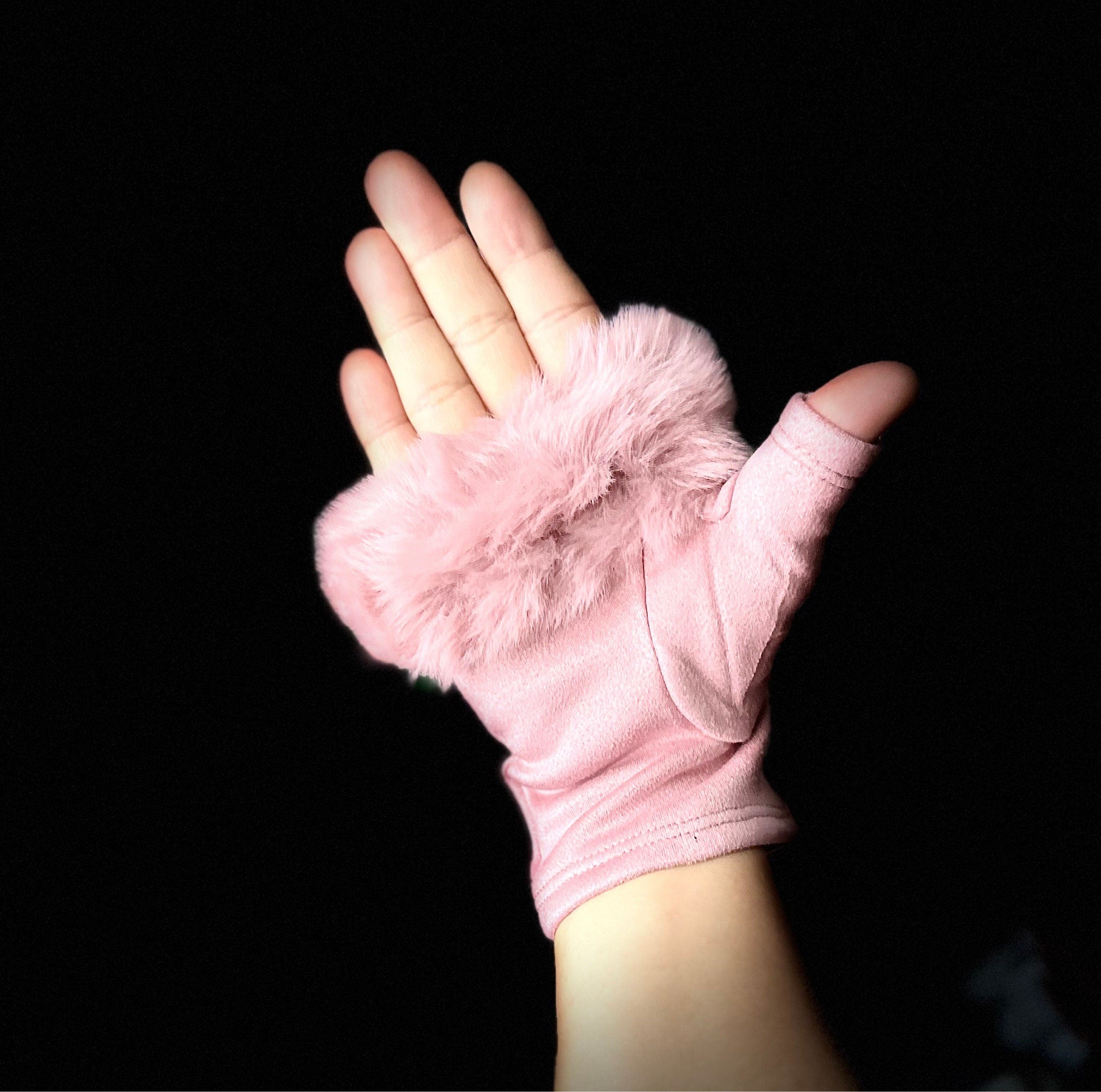 Light Pink Suede Fingerless Gloves with Faux Fur details