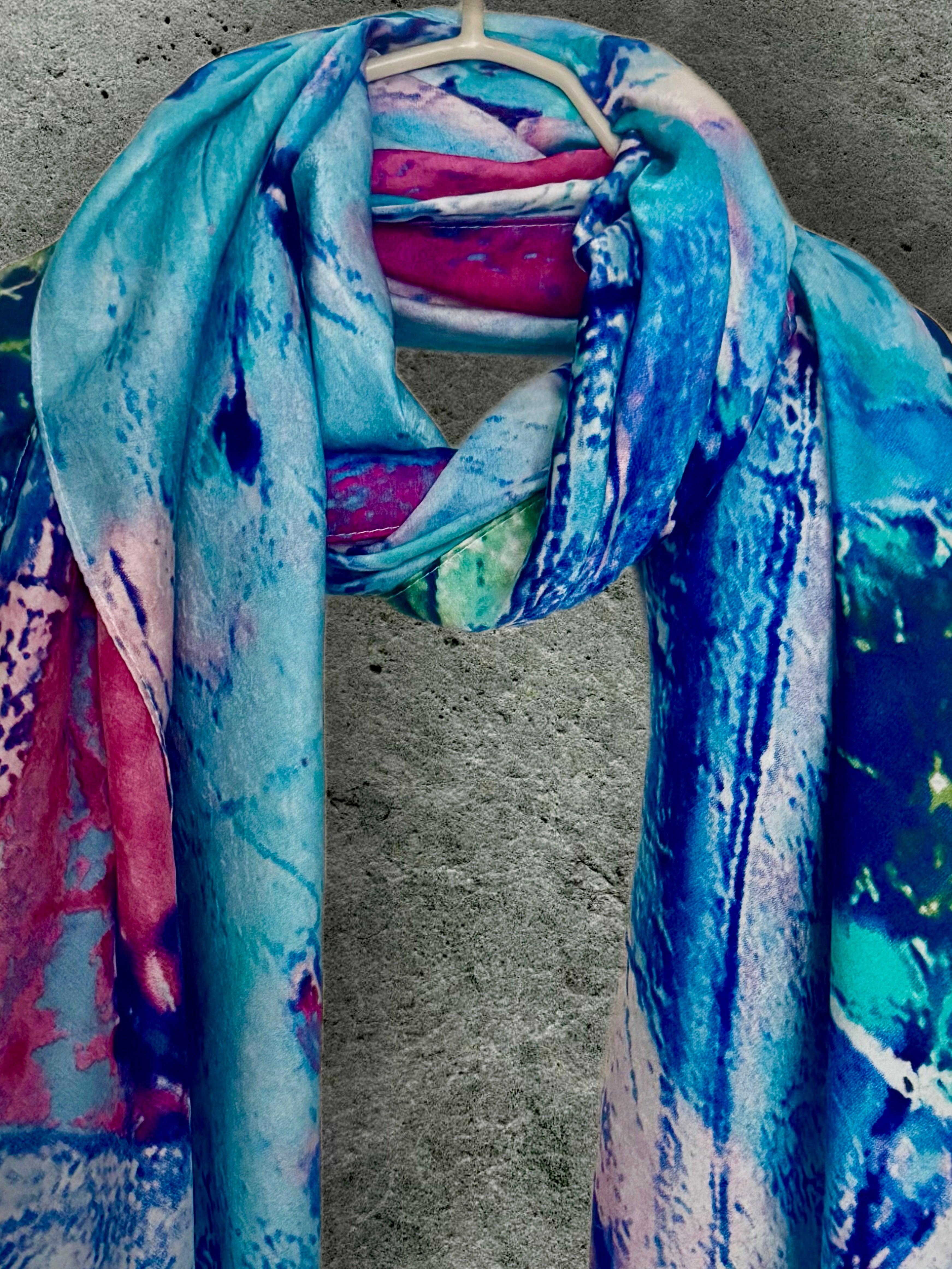 Vibrant Abstract Silk Shawl in Blue Tones,Colorful Modern Art Scarf for Women,Unique Gift for Art Lovers,Birthday,Mom or Christmas