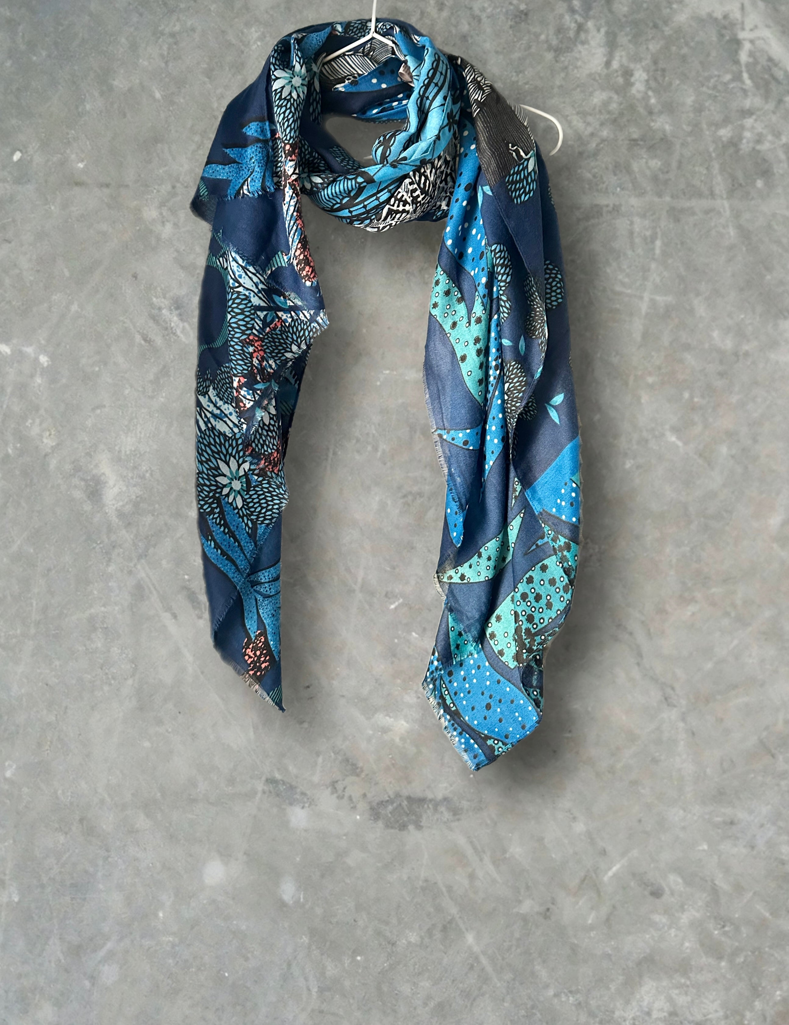Unique Art Deco Flowers Pattern Blue Scarf