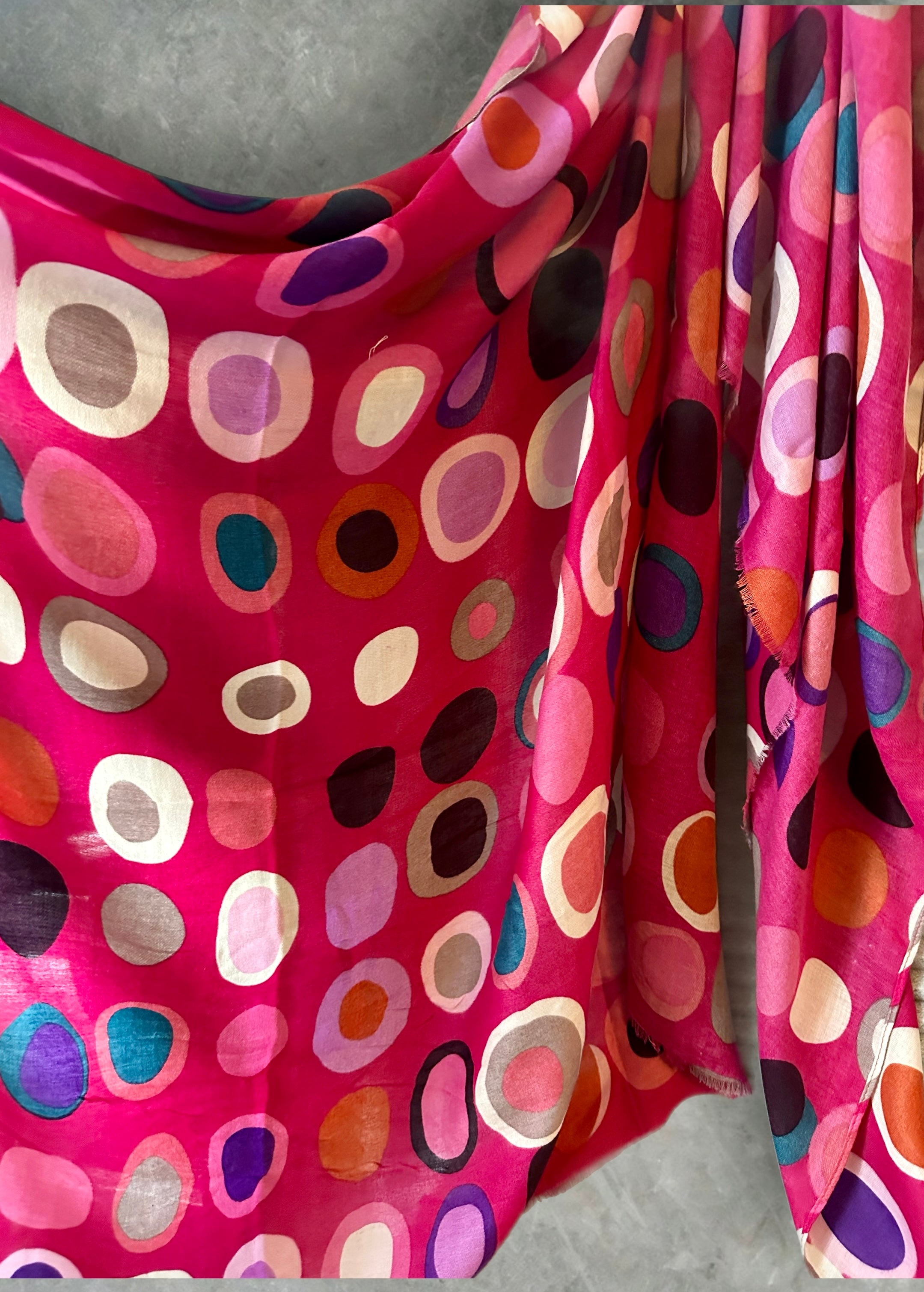 Multicolour Circle Pattern Fuchsia Pink Cotton Scarf
