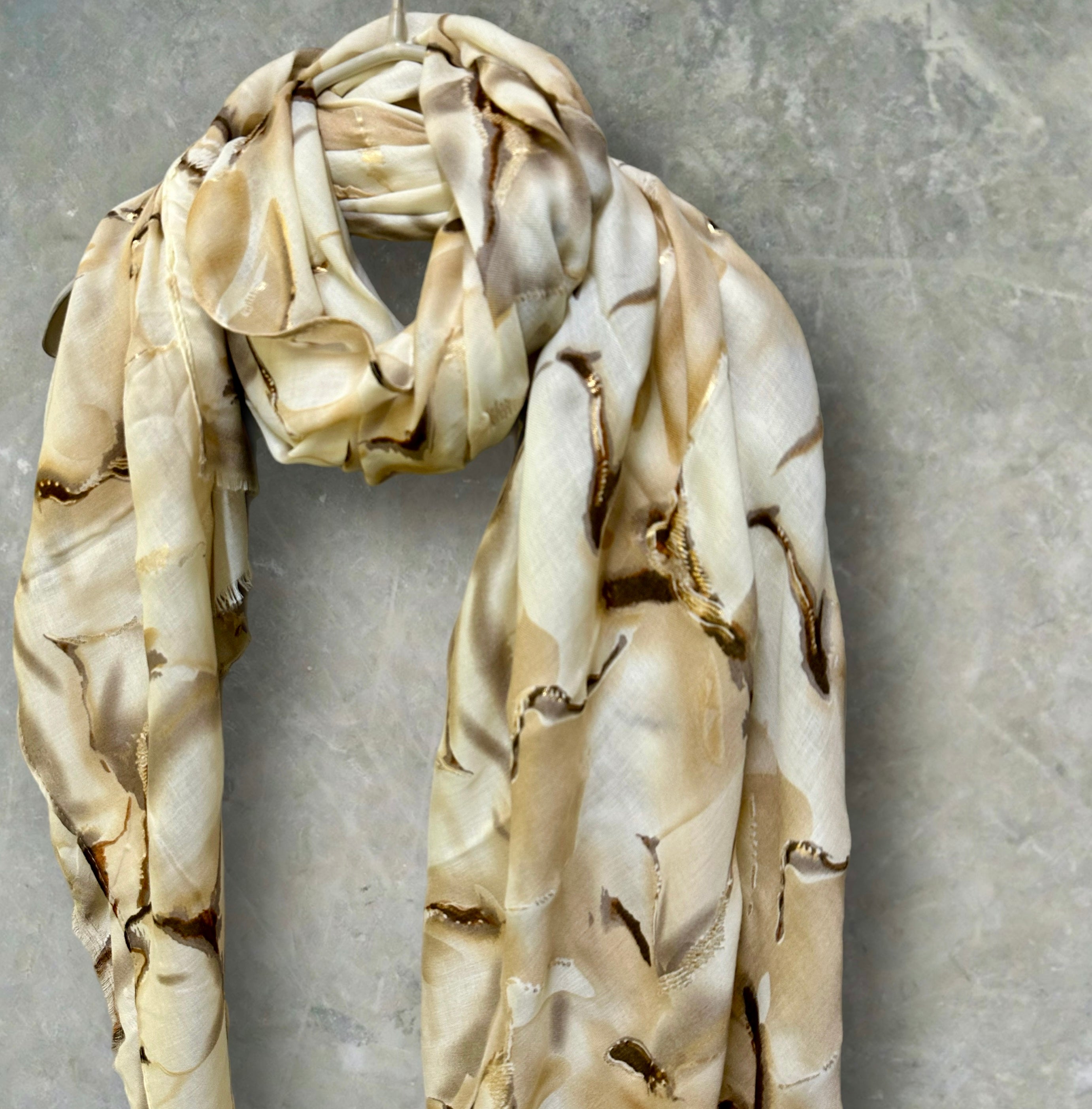 Beige Cotton Scarf for Women with Abstract Paint Splashes and Gold Accents