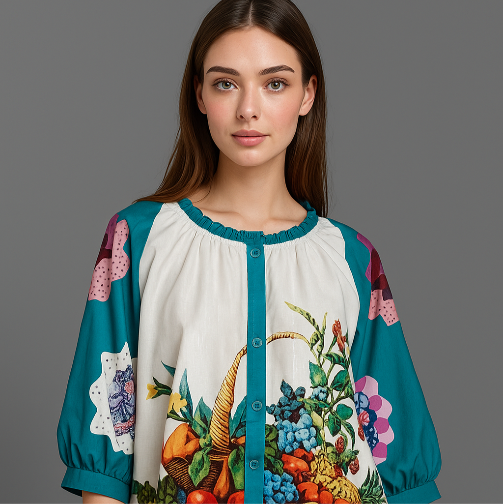 Retro Fruit Print Women Blouse,Vintage-Inspired Puff Sleeve Button Down,Summer Top for Women,Cute Gift for Her Birthday