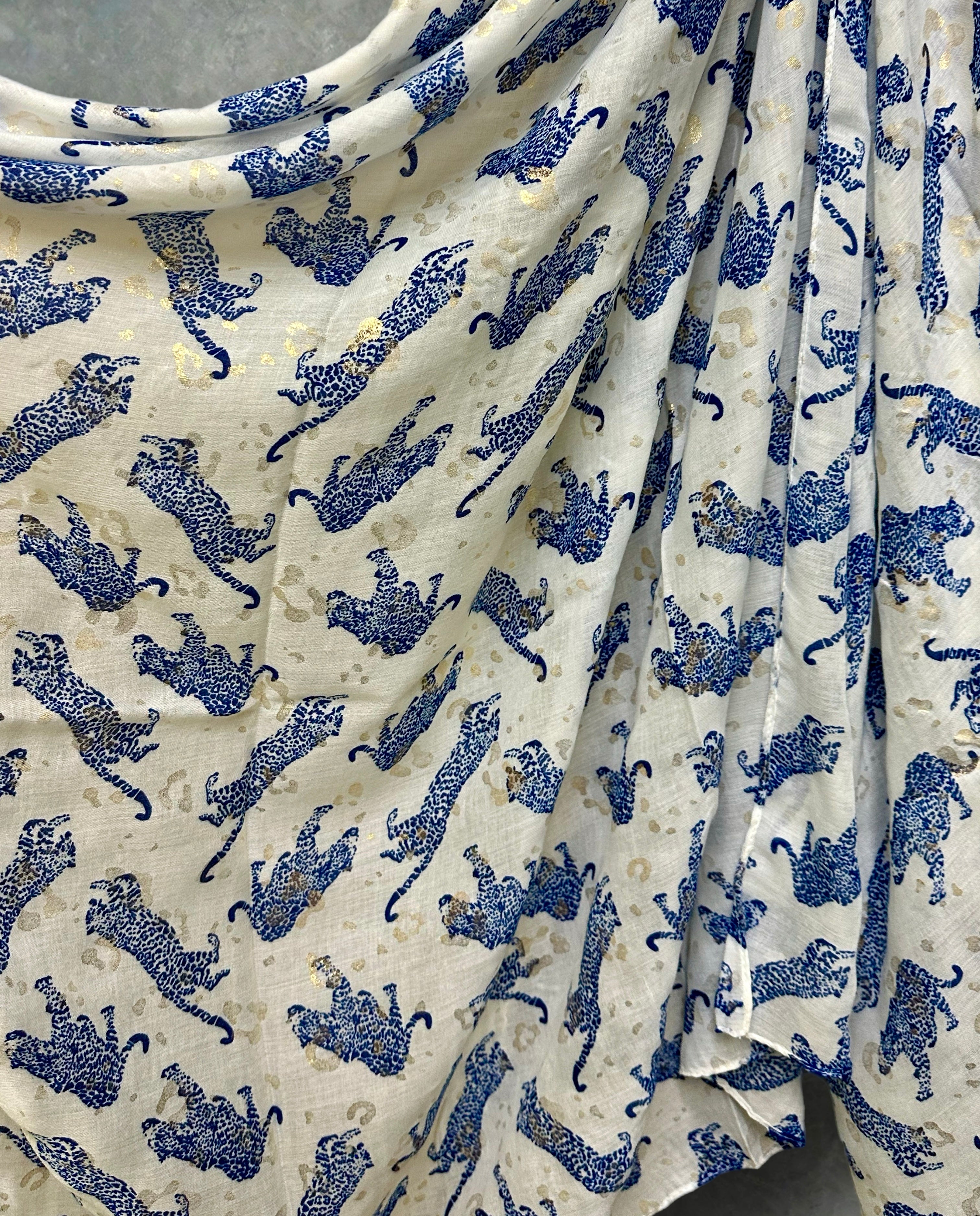 Blue classic leopards print off white scarf