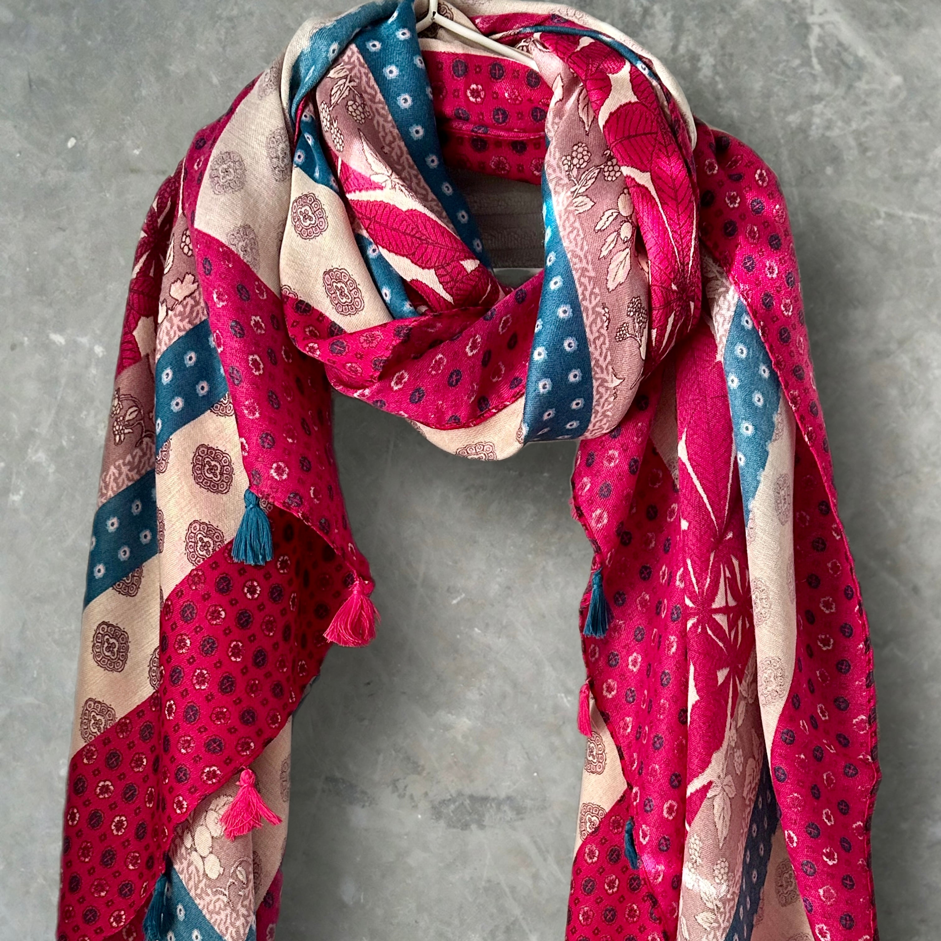 Bohemian Flowers Pattern with Tassels Fuchsia Pink Cotton Scarf