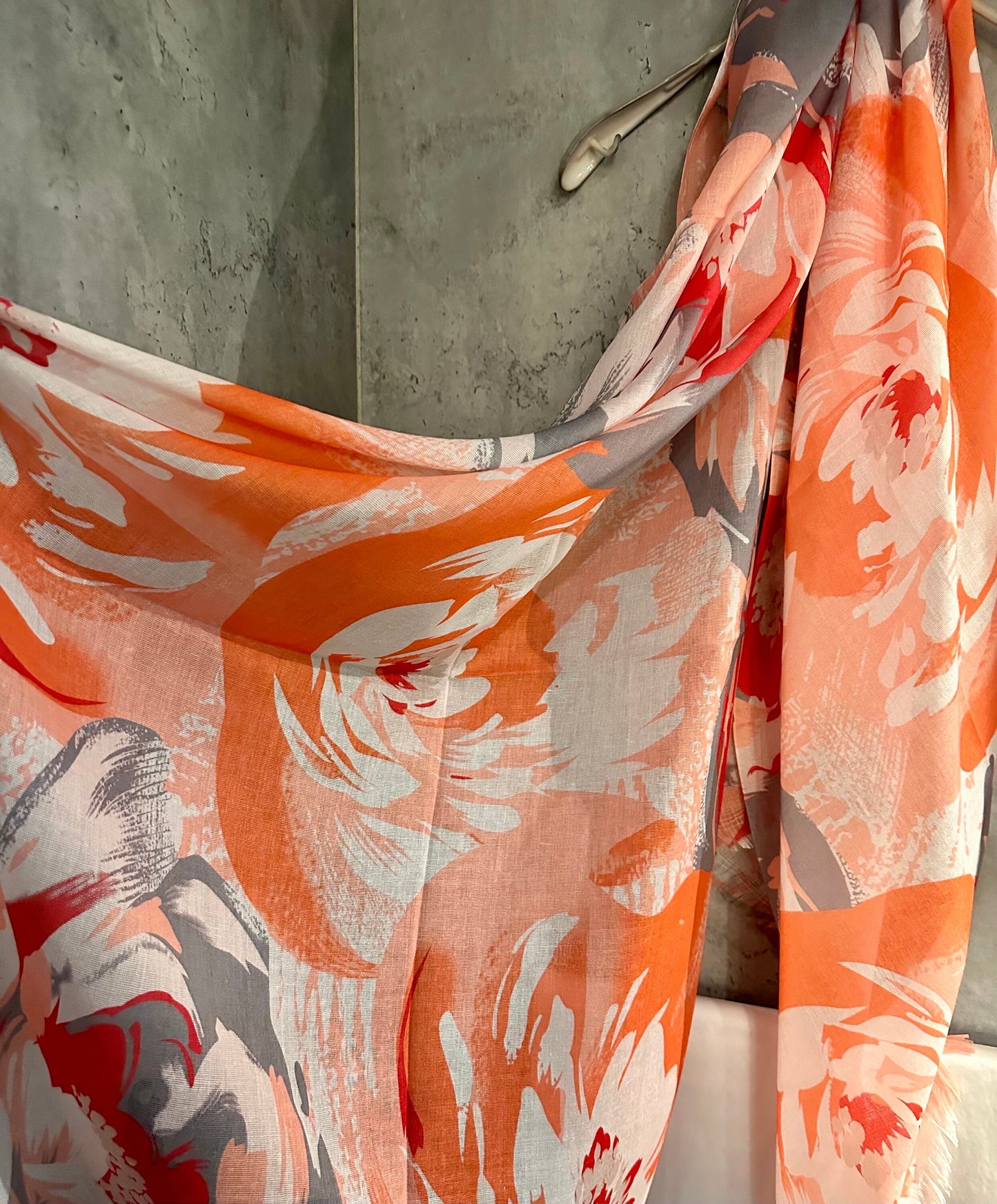 Orange Cotton Blend Scarf with Huge Flowers Pattern – An Elegant Gift for Mom and Her, Ideal for Birthday and Christmas Celebrations