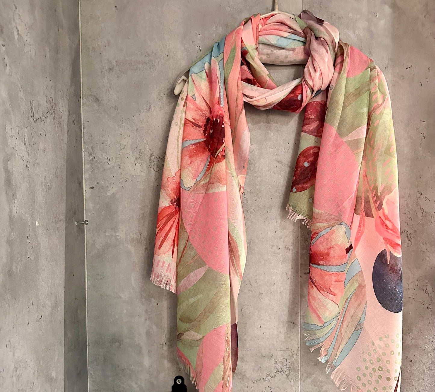 Large Watercolour Flowers Scarf,Organic Cotton Blend Scarf In Pink Blue.
